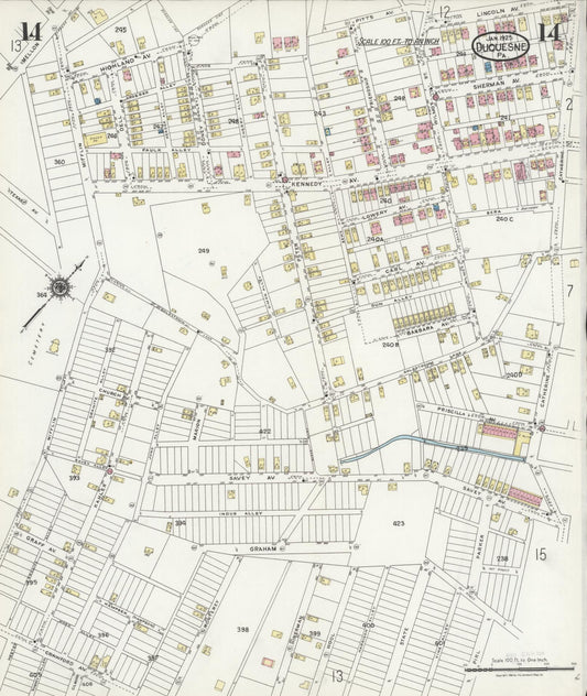 Sanborn Fire Insurance Map from Duquesne, Allegheny County, Pennsylvania (1925), Sheet #0014 - Historic Sanborn Fire Insurance Map Print, vintage old map wall art, antique decor, genealogy gift, Pennsylvania Pennsylvania map