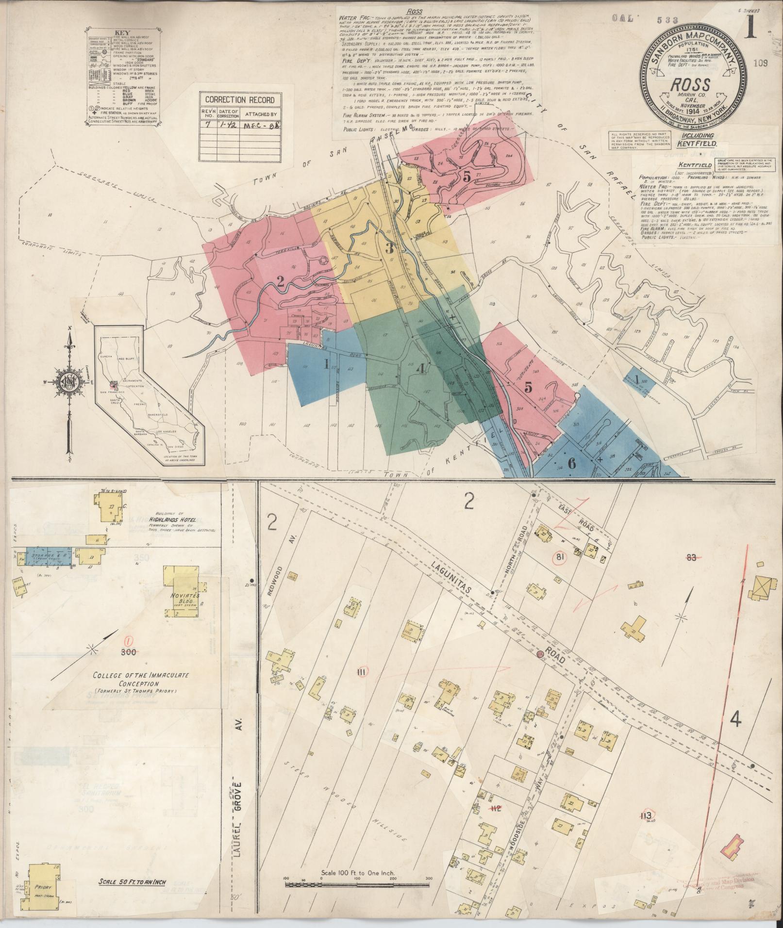 Sanborn Fire Insurance Map from Ross, Marin County, California (1942), Sheet #0001 - Complete Map Set gallery image, historic Sanborn map, vintage wall art, California California