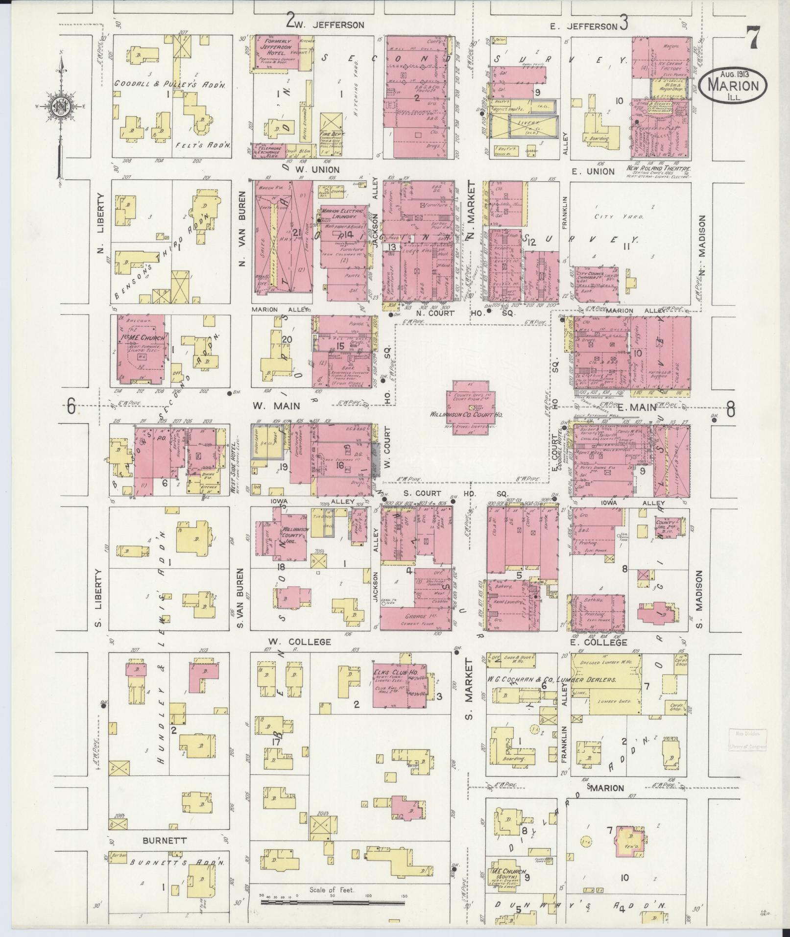 Sanborn Fire Insurance Map from Marion, Williamson County, Illinois (1913), Sheet #0007 - Historic Sanborn Fire Insurance Map Print, vintage old map wall art, antique decor, genealogy gift, Illinois Illinois map