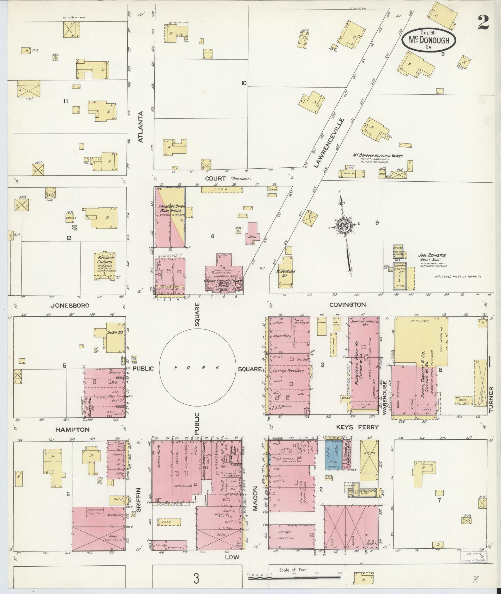 Sanborn Fire Insurance Map from Mcdonough, Henry County, Georgia (1911), Sheet #0002 - Historic Sanborn Fire Insurance Map Print, vintage old map wall art, antique decor, genealogy gift, Georgia Georgia map