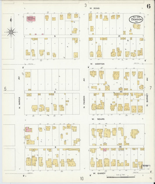 Sanborn Fire Insurance Map from Denison, Grayson County, Texas (1908), Sheet #0006 - Historic Sanborn Fire Insurance Map Print, vintage old map wall art, antique decor, genealogy gift, Texas Texas map