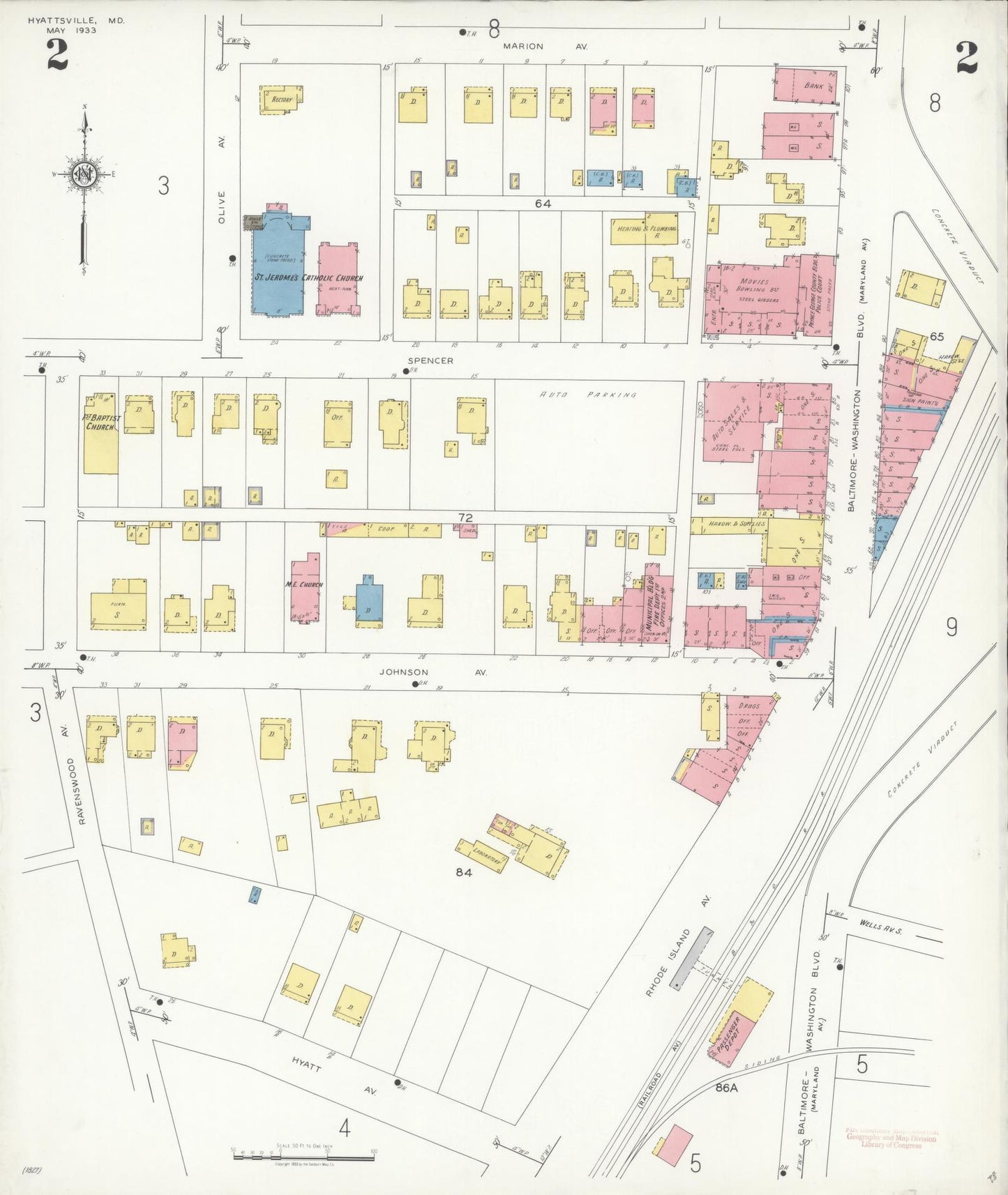 Sanborn Fire Insurance Map from Hyattsville, Prince Georges County, Maryland (1933), Sheet #0002 - Complete Map Set gallery image, historic Sanborn map, vintage wall art, Maryland Maryland