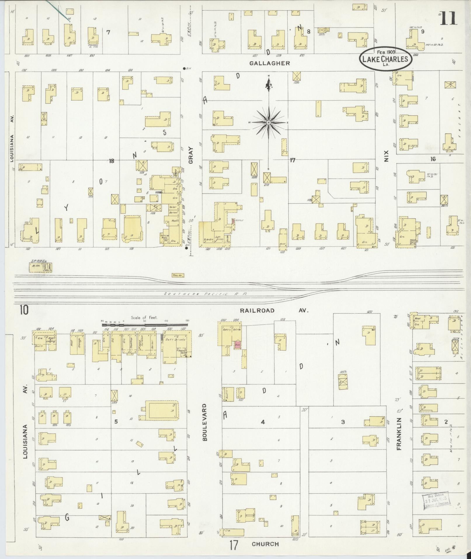 Sanborn Fire Insurance Map from Lake Charles, Calcasieu Parish, Louisiana (1909), Sheet #0011 - Historic Sanborn Fire Insurance Map Print, vintage old map wall art, antique decor, genealogy gift, Louisiana Louisiana map