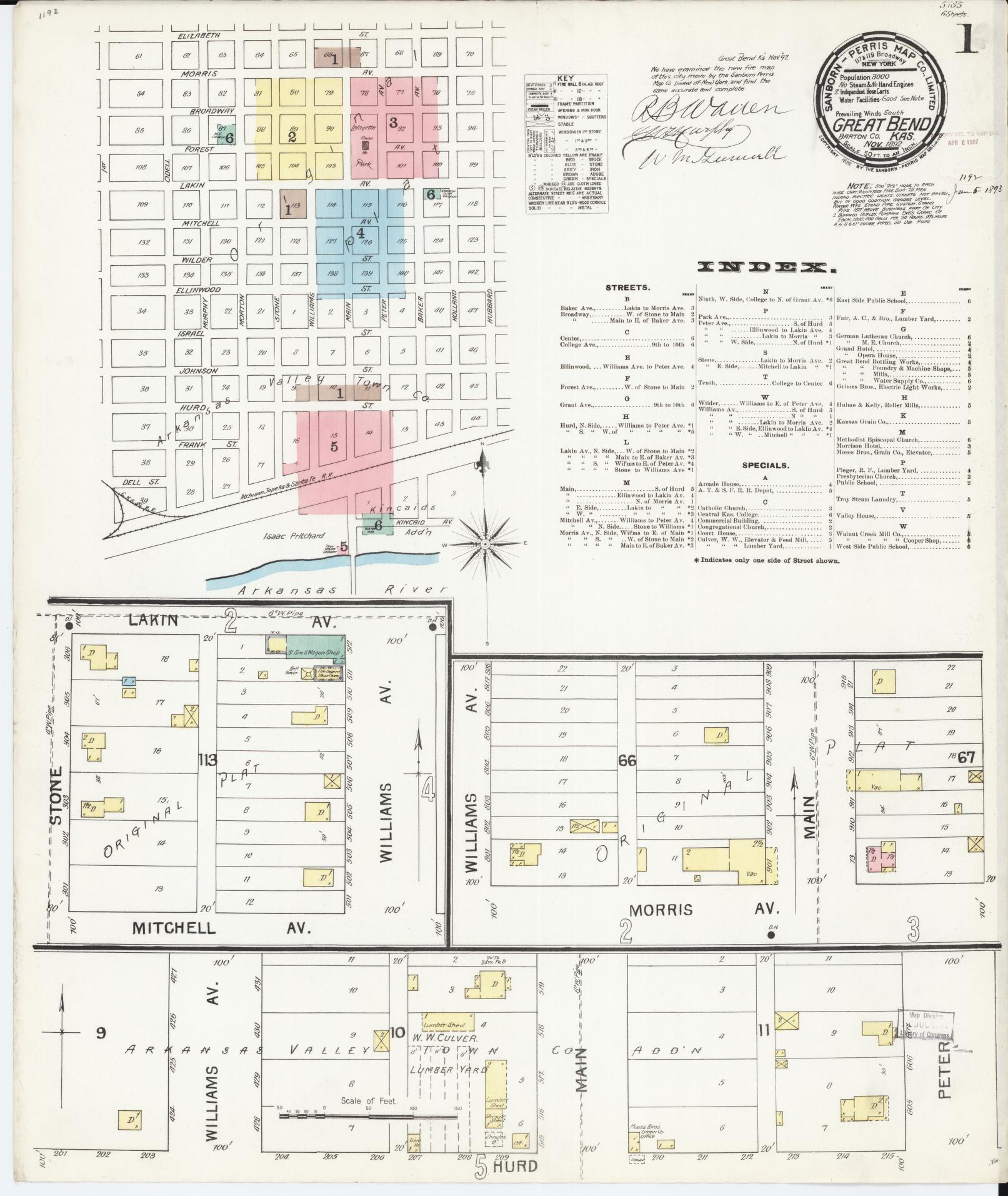 Sanborn Fire Insurance Map from Great Bend, Barton County, Kansas (1892), Sheet #0001 - Historic Sanborn Fire Insurance Map Print, vintage old map wall art, antique decor, genealogy gift, Kansas Kansas map