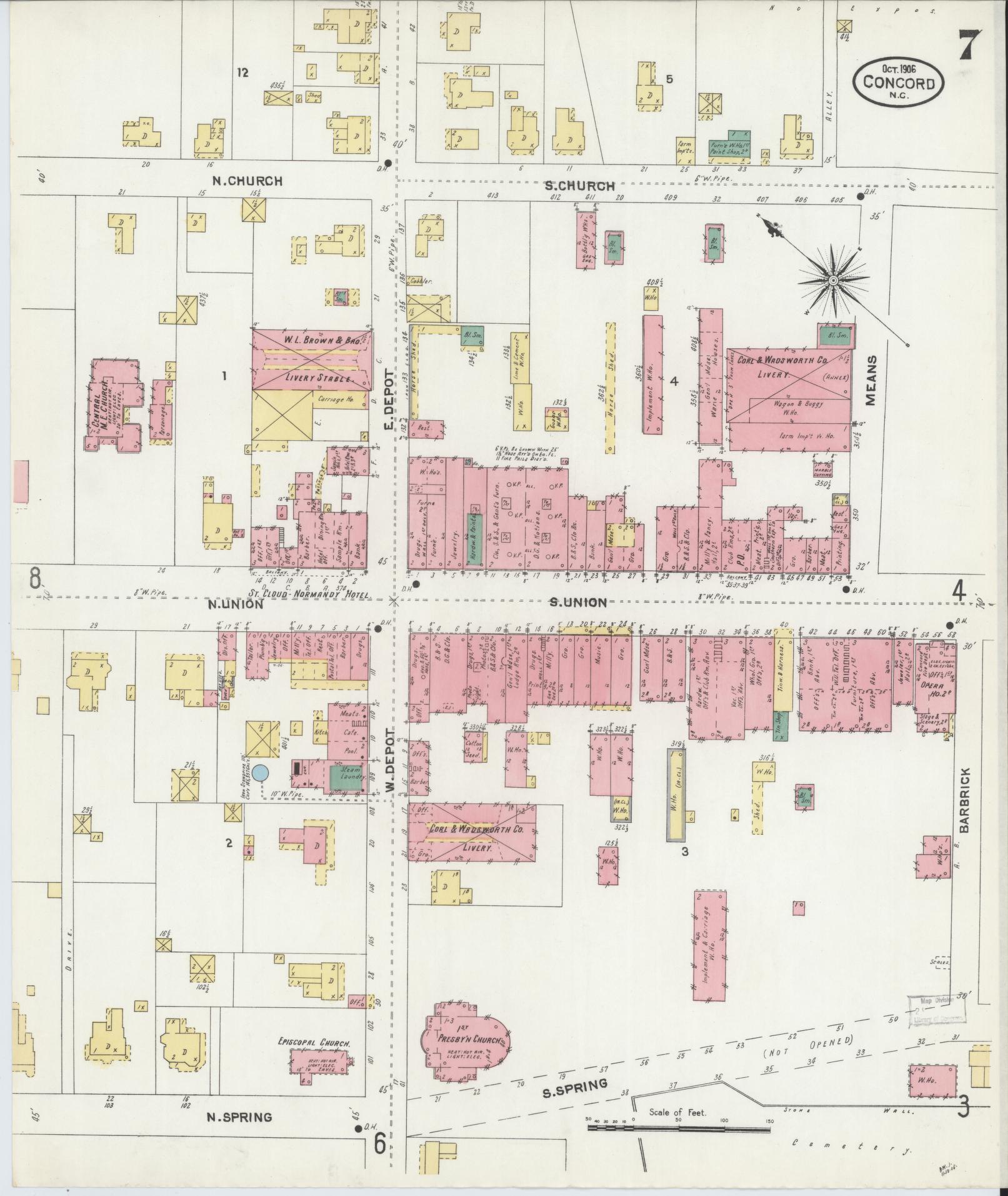 Sanborn Fire Insurance Map from Concord, Cabarrus County, North Carolina (1906), Sheet #0007 - Complete Map Set gallery image, historic Sanborn map, vintage wall art, North Carolina North Carolina