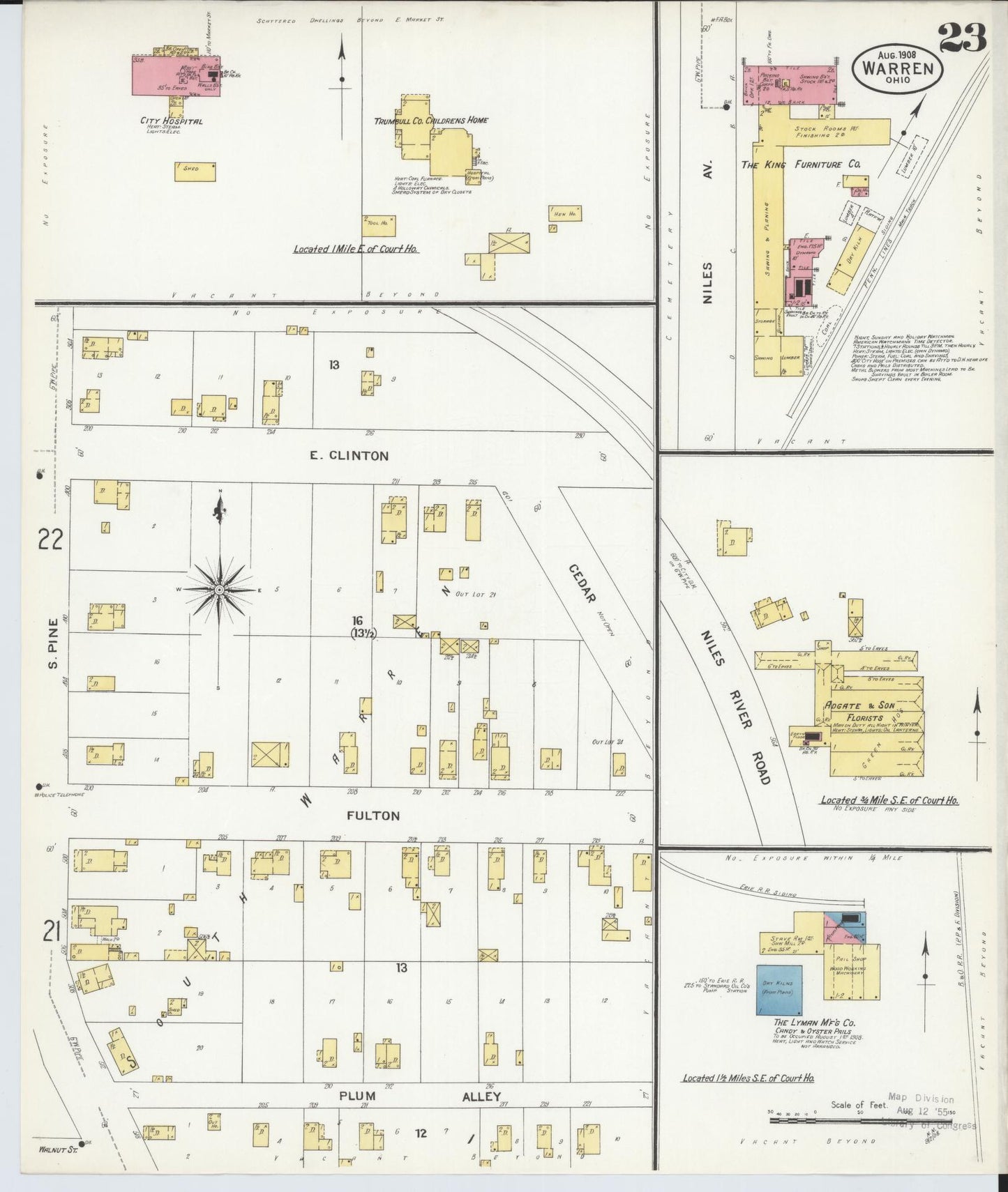 Sanborn Fire Insurance Map from Warren, Trumbull County, Ohio (1908), Sheet #0023 - Historic Sanborn Fire Insurance Map Print, vintage old map wall art, antique decor, genealogy gift, Ohio Ohio map