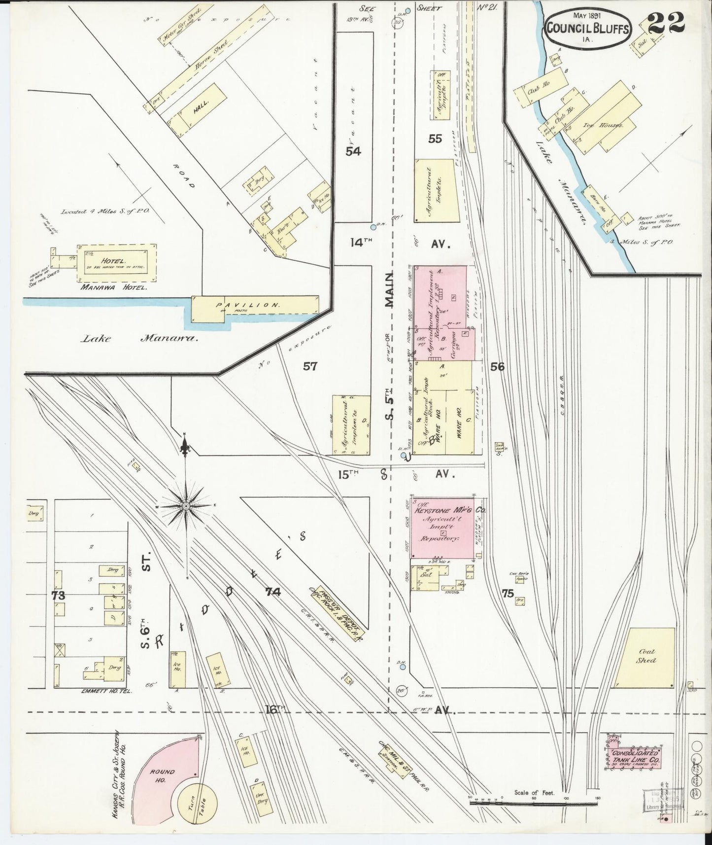 Sanborn Fire Insurance Map from Council Bluffs, Pottawattamie County, Iowa (1891), Sheet #0022 - Historic Sanborn Fire Insurance Map Print, vintage old map wall art