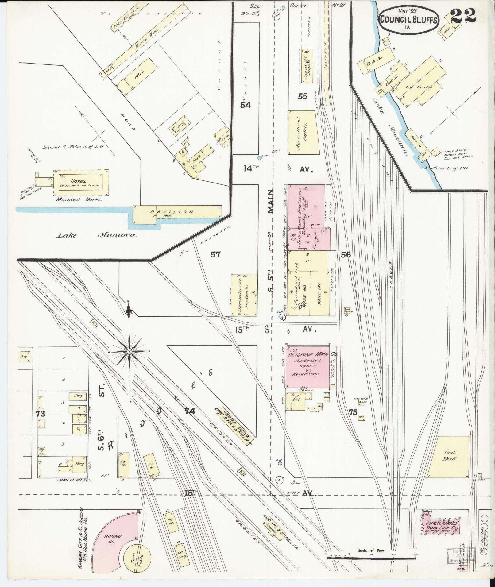 Sanborn Fire Insurance Map from Council Bluffs, Pottawattamie County, Iowa (1891), Sheet #0022 - Historic Sanborn Fire Insurance Map Print, vintage old map wall art