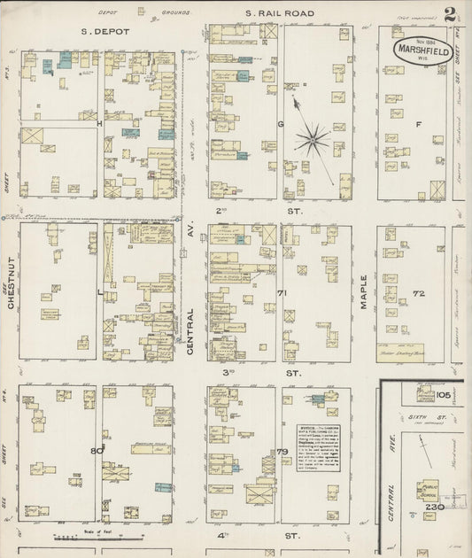 Sanborn Fire Insurance Map from Marshfield, Wood County, Wisconsin (1884), Sheet #0002 - Historic Sanborn Fire Insurance Map Print, vintage old map wall art, antique decor, genealogy gift, Wisconsin Wisconsin map