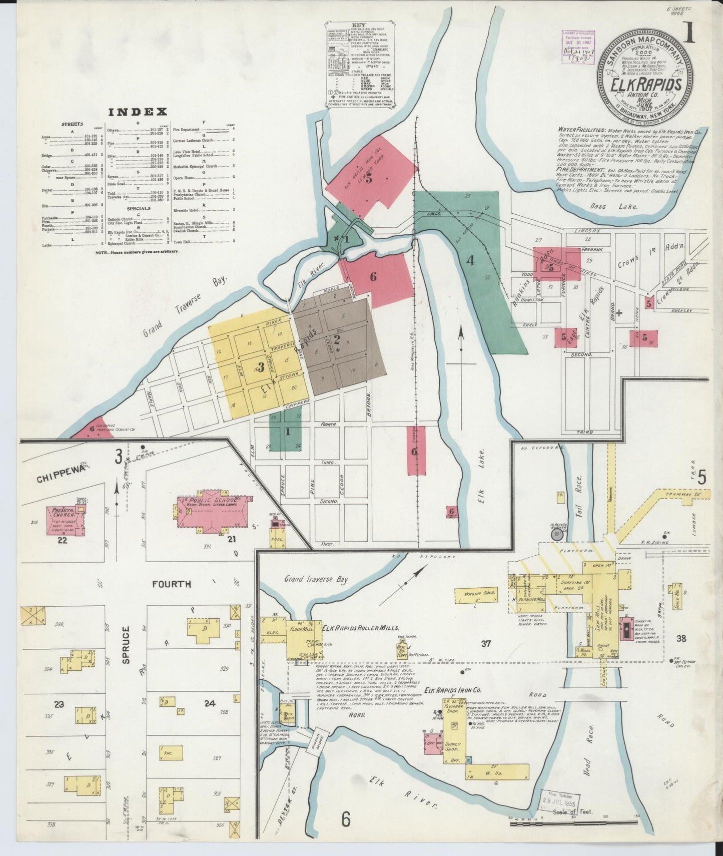Sanborn Fire Insurance Map from Elk Rapids, Antrim County, Michigan (1907), Sheet #0001 - Historic Sanborn Fire Insurance Map Print, vintage old map wall art, antique decor, genealogy gift, Michigan Michigan map