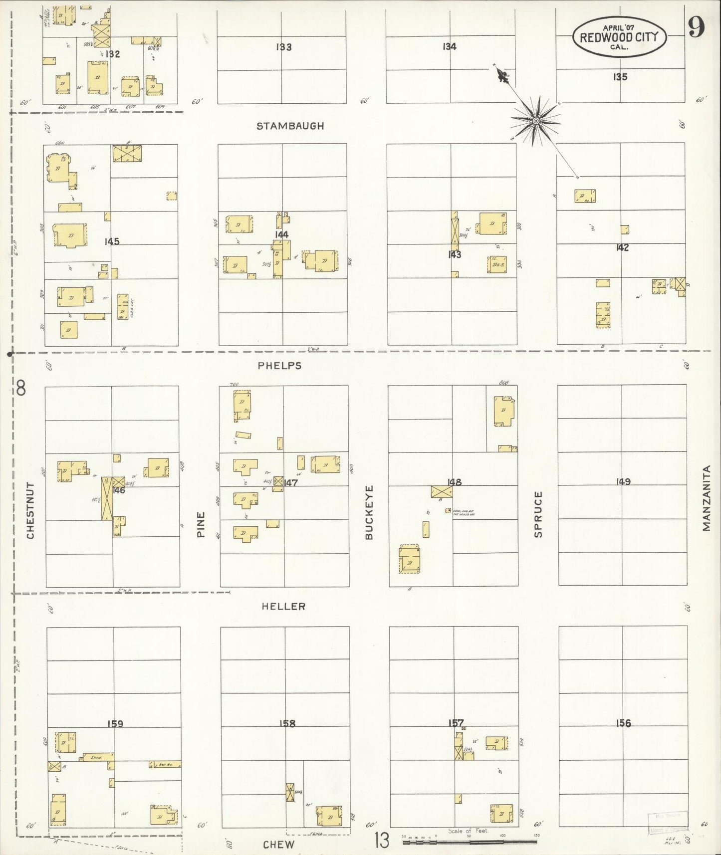 Sanborn Fire Insurance Map from Redwood City, San Mateo County, California (1907), Sheet #0009 - Complete Map Set gallery image, historic Sanborn map, vintage wall art, California California