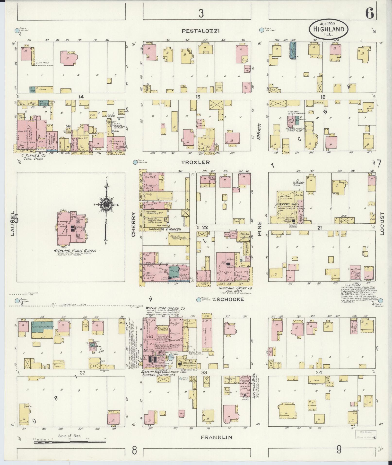Sanborn Fire Insurance Map from Highland, Madison County, Illinois (1908), Sheet #0006 - Historic Sanborn Fire Insurance Map Print, vintage old map wall art, antique decor, genealogy gift, Illinois Illinois map