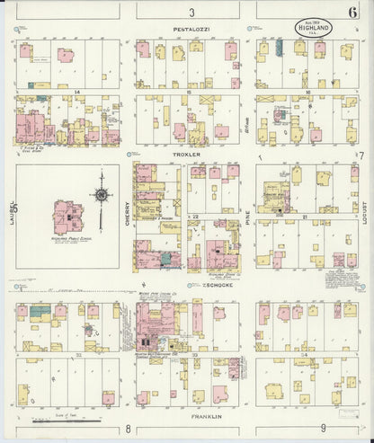 Sanborn Fire Insurance Map from Highland, Madison County, Illinois (1908), Sheet #0006 - Historic Sanborn Fire Insurance Map Print, vintage old map wall art, antique decor, genealogy gift, Illinois Illinois map