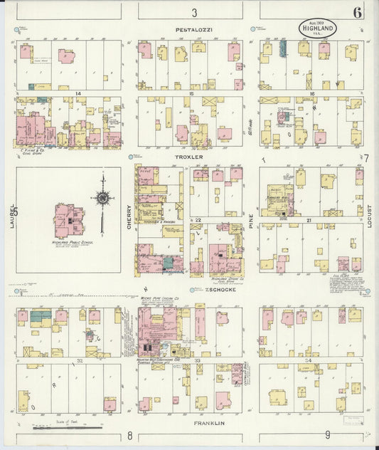 Sanborn Fire Insurance Map from Highland, Madison County, Illinois (1908), Sheet #0006 - Historic Sanborn Fire Insurance Map Print, vintage old map wall art, antique decor, genealogy gift, Illinois Illinois map
