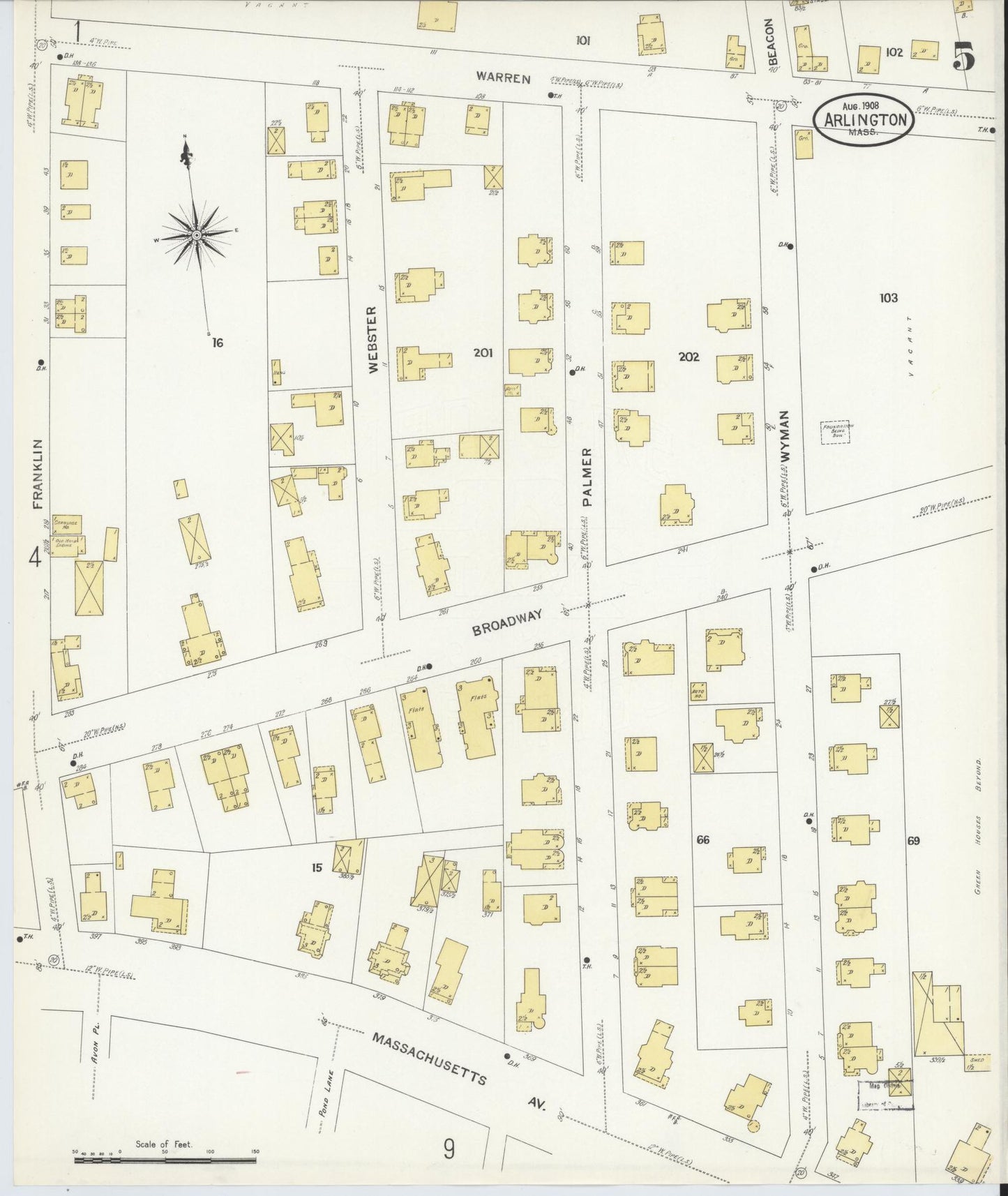 Sanborn Fire Insurance Map from Arlington, Middlesex County, Massachusetts (1908), Sheet #0005 - Historic Sanborn Fire Insurance Map Print, vintage old map wall art, antique decor, genealogy gift, Massachusetts Massachusetts map