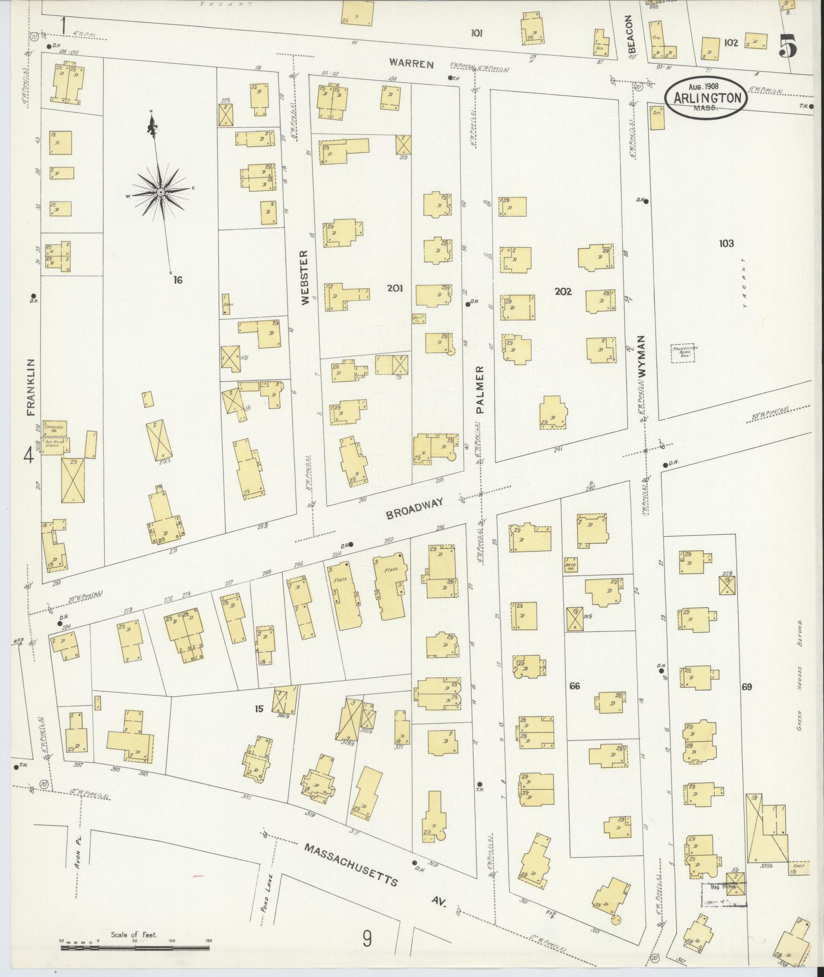 Sanborn Fire Insurance Map from Arlington, Middlesex County, Massachusetts (1908), Sheet #0005 - Historic Sanborn Fire Insurance Map Print, vintage old map wall art, antique decor, genealogy gift, Massachusetts Massachusetts map