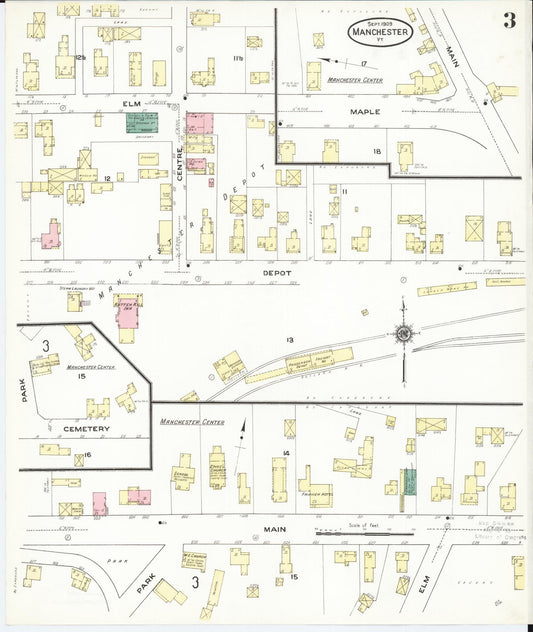 Sanborn Fire Insurance Map from Manchester, Bennington County, Vermont (1909), Sheet #0003 - Historic Sanborn Fire Insurance Map Print, vintage old map wall art, antique decor, genealogy gift, Vermont Vermont map