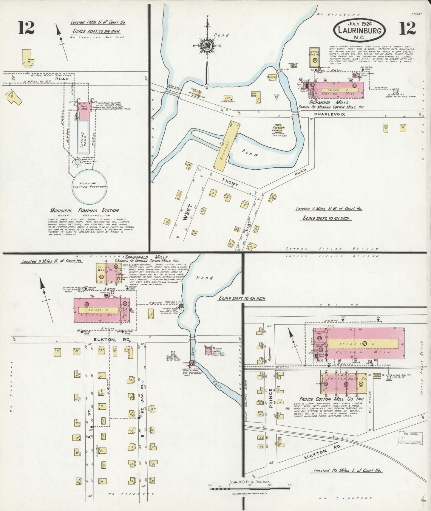 Sanborn Fire Insurance Map from Laurinburg, Scotland County, North Carolina (1924), Sheet #0012 - Historic Sanborn Fire Insurance Map Print, vintage old map wall art, antique decor, genealogy gift, North Carolina North Carolina map