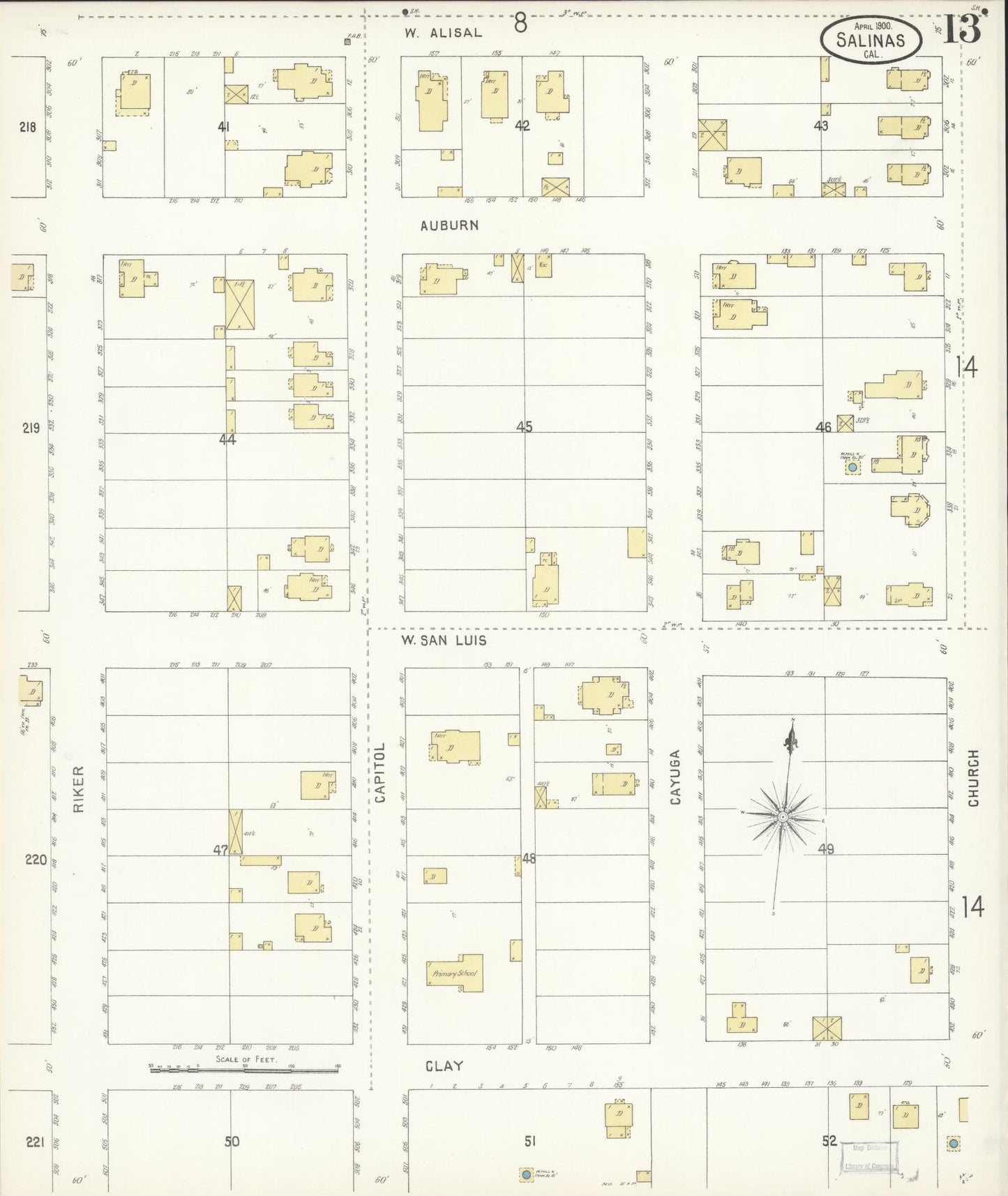 Sanborn Fire Insurance Map from Salinas, Monterey County, California (1900), Sheet #0013 - Complete Map Set gallery image, historic Sanborn map, vintage wall art, California California