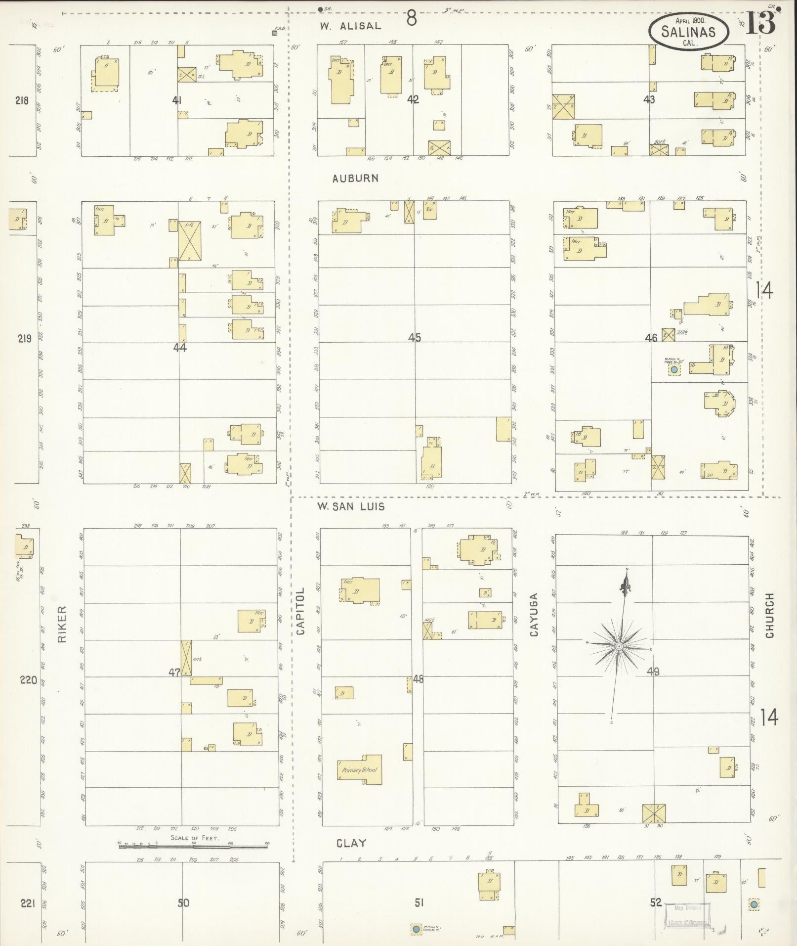 Sanborn Fire Insurance Map from Salinas, Monterey County, California (1900), Sheet #0013 - Complete Map Set gallery image, historic Sanborn map, vintage wall art, California California