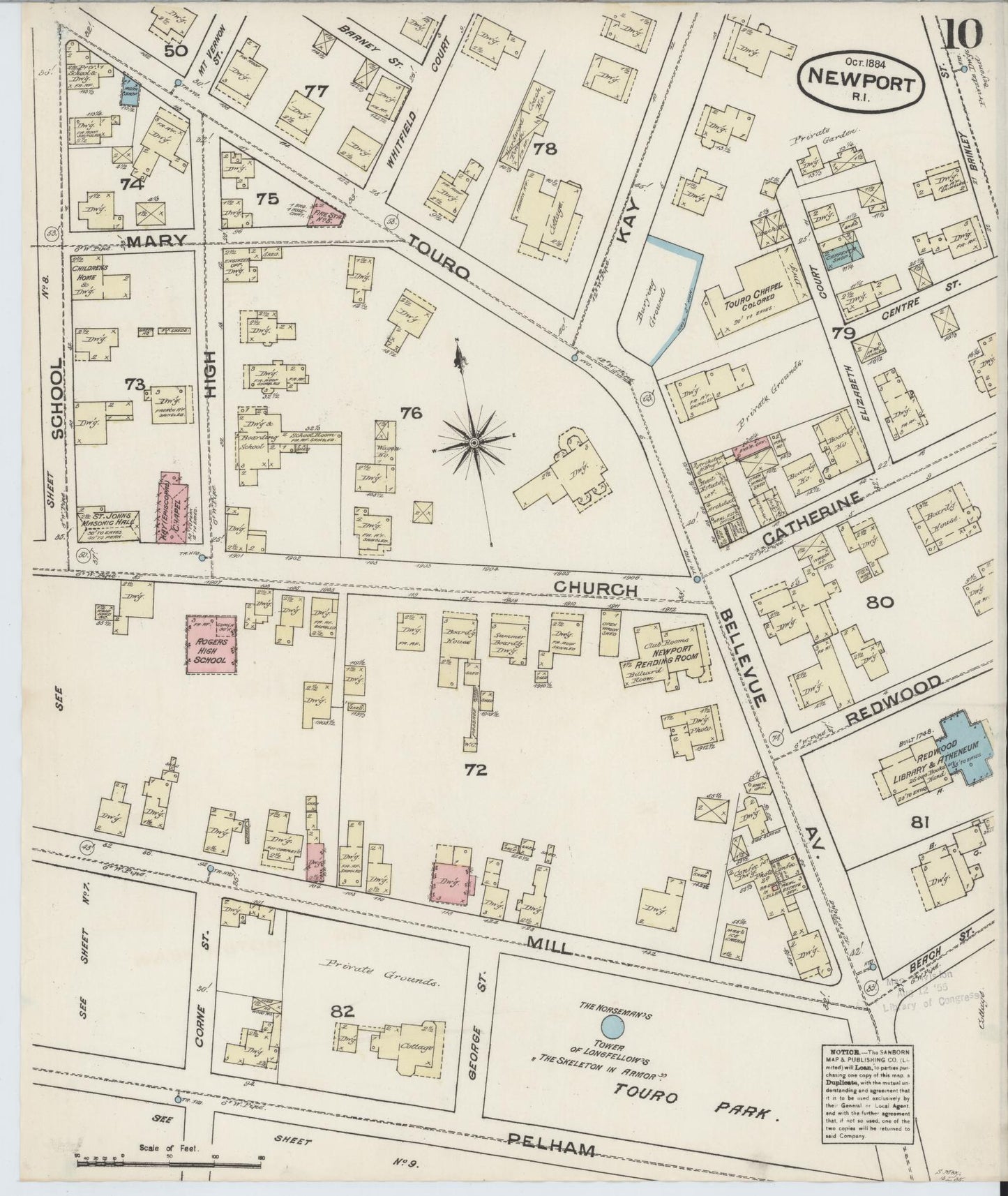 Sanborn Fire Insurance Map from Newport, Newport County, Rhode Island (1884), Sheet #0010 - Historic Sanborn Fire Insurance Map Print, vintage old map wall art, antique decor, genealogy gift, Rhode Island Rhode Island map