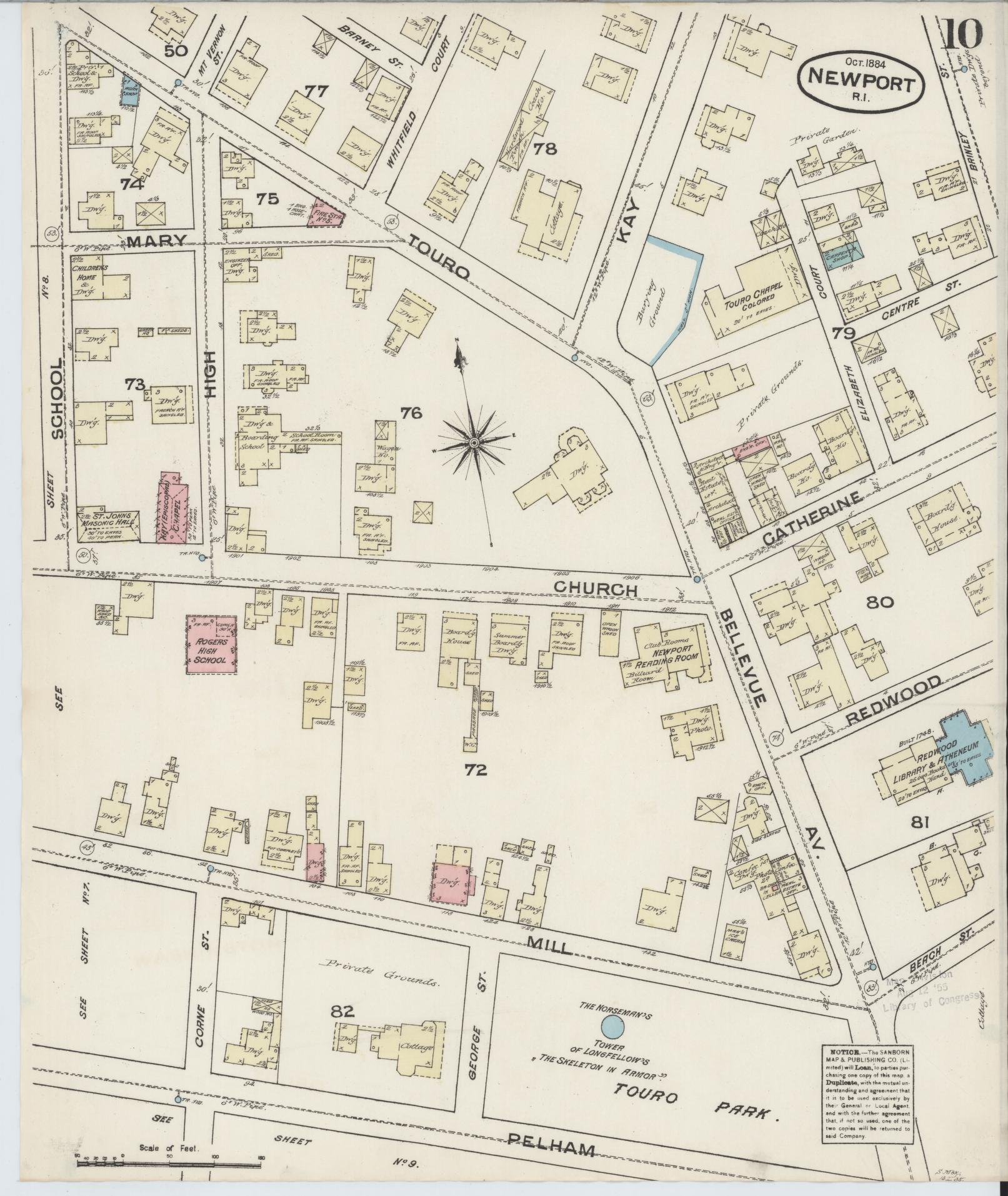 Sanborn Fire Insurance Map from Newport, Newport County, Rhode Island (1884), Sheet #0010 - Historic Sanborn Fire Insurance Map Print, vintage old map wall art, antique decor, genealogy gift, Rhode Island Rhode Island map