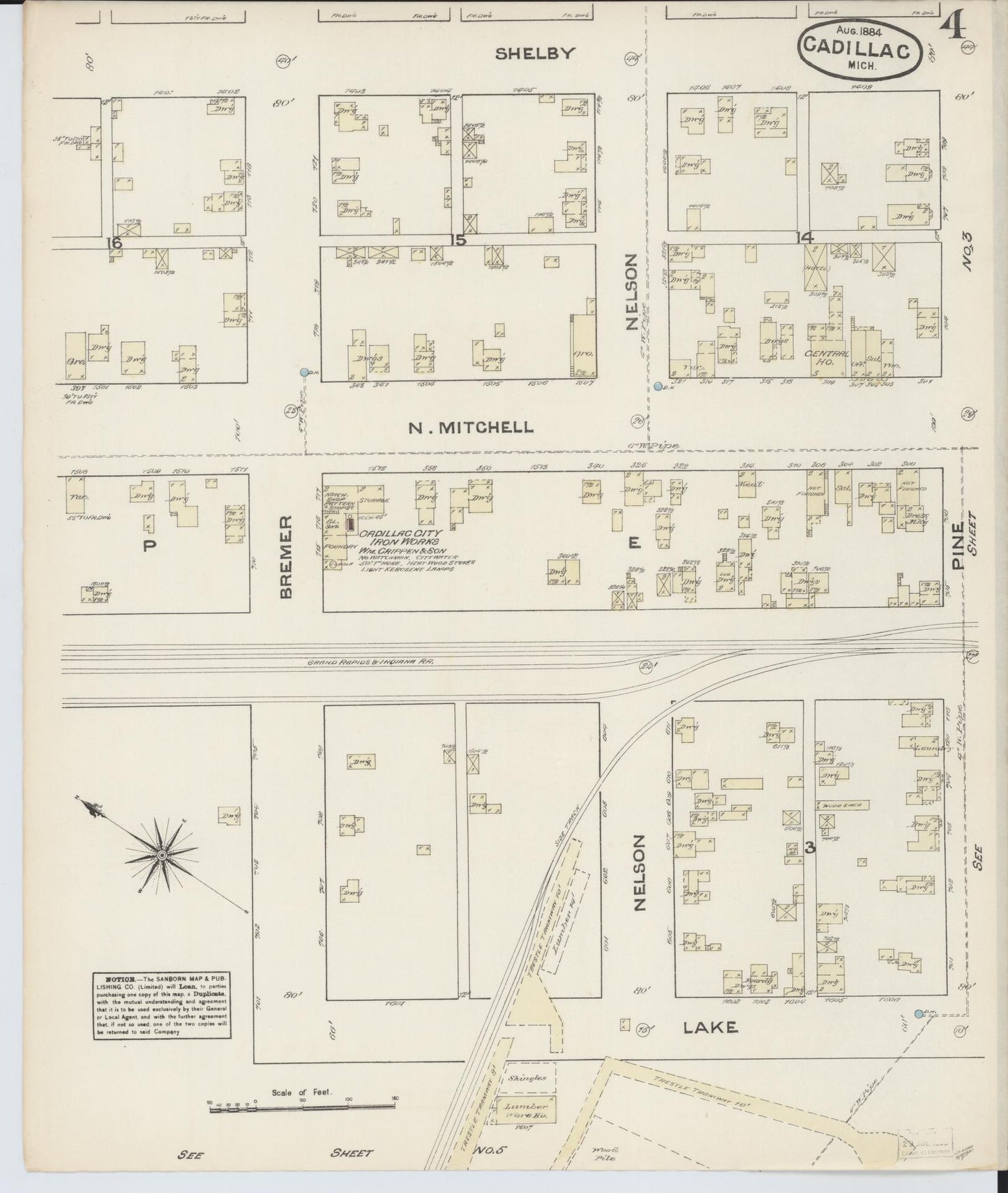 Sanborn Fire Insurance Map from Cadillac, Wexford County, Michigan (1884), Sheet #0004 - Complete Map Set gallery image, historic Sanborn map, vintage wall art, Michigan Michigan