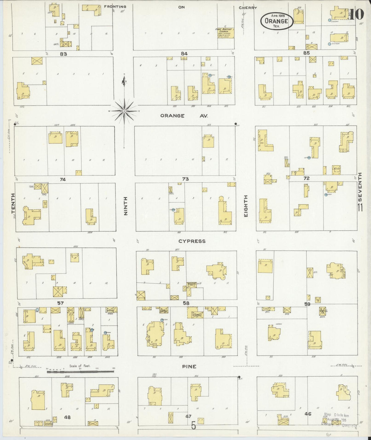 Sanborn Fire Insurance Map from Orange, Orange County, Texas (1909), Sheet #0010 - Complete Map Set gallery image, historic Sanborn map, vintage wall art, Texas Texas