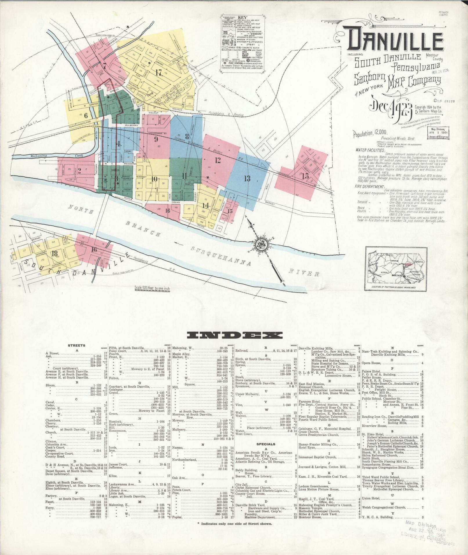 Sanborn Fire Insurance Map from Danville, Montour County, Pennsylvania (1923), Sheet #0001 - Historic Sanborn Fire Insurance Map Print, vintage old map wall art, antique decor, genealogy gift, Pennsylvania Pennsylvania map