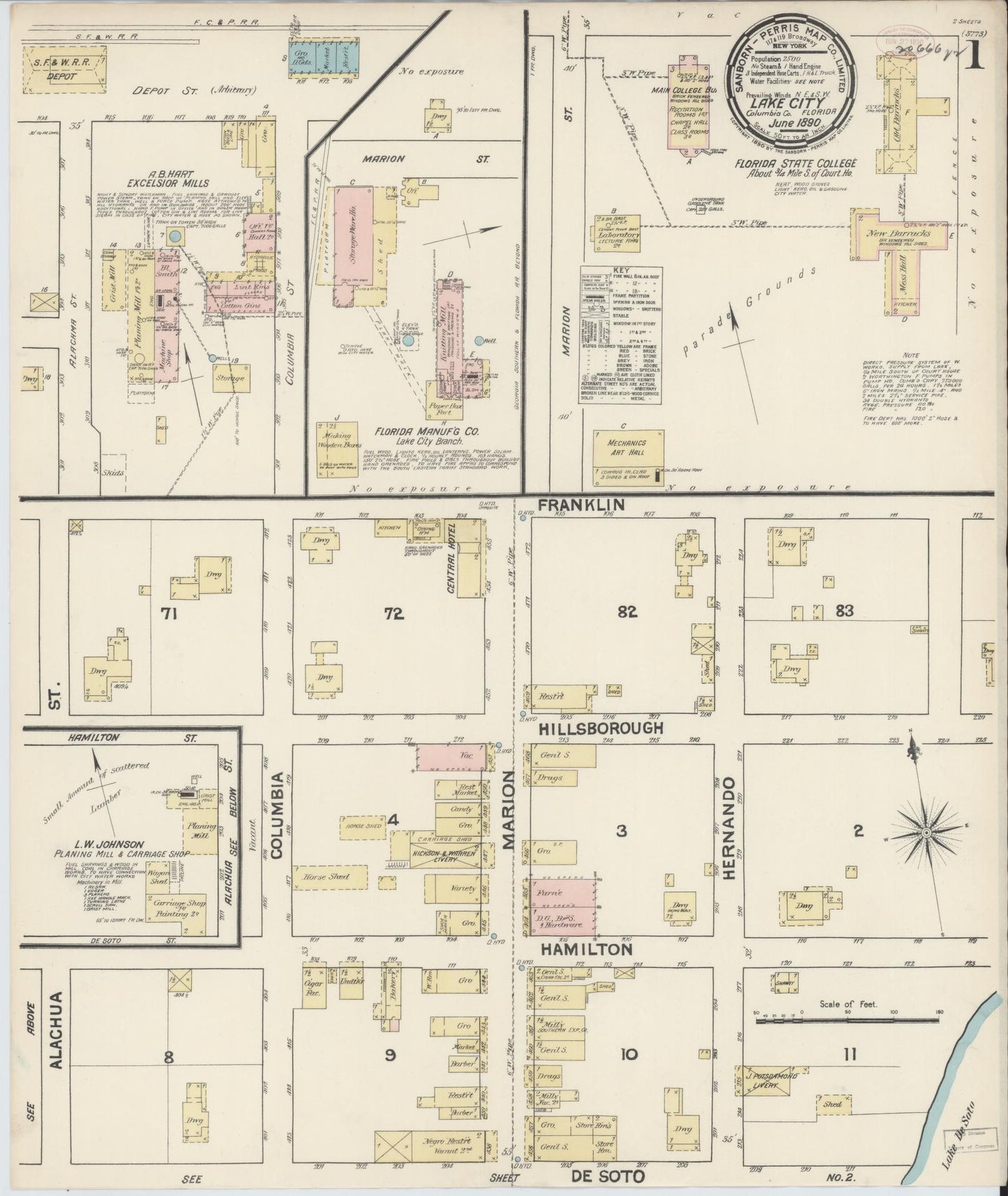 Sanborn Fire Insurance Map from Lake City, Columbia County, Florida (1890), Sheet #0001 - Historic Sanborn Fire Insurance Map Print, vintage old map wall art, antique decor, genealogy gift, Florida Florida map