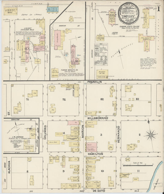 Sanborn Fire Insurance Map from Lake City, Columbia County, Florida (1890), Sheet #0001 - Historic Sanborn Fire Insurance Map Print, vintage old map wall art, antique decor, genealogy gift, Florida Florida map