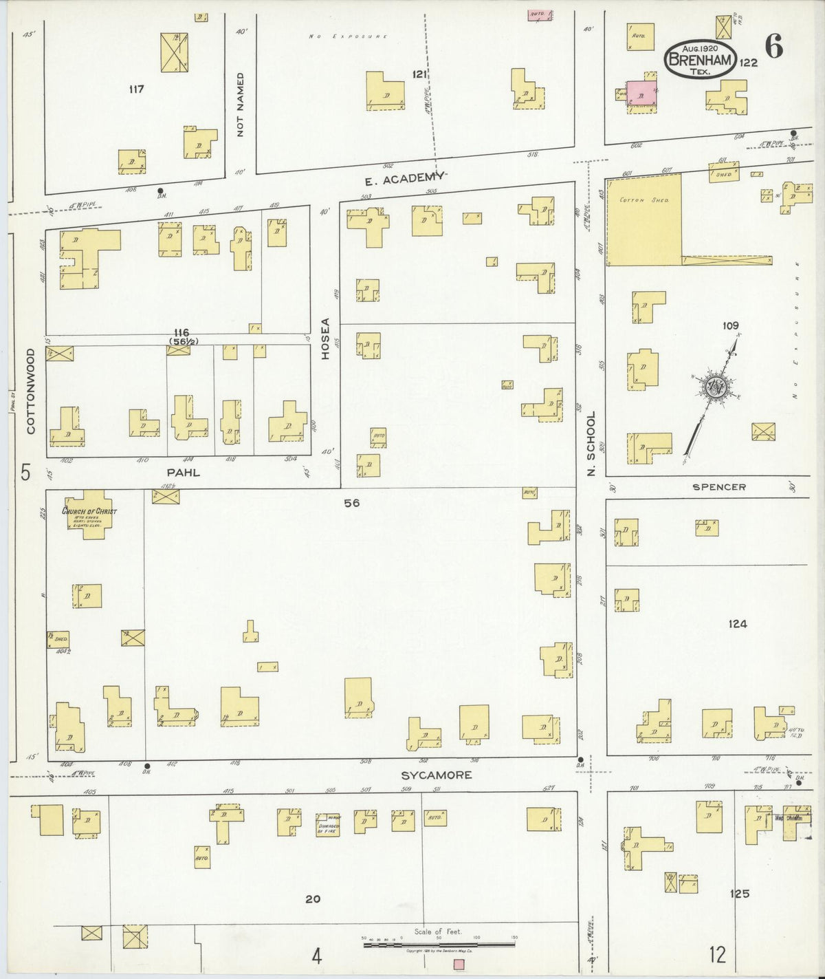 Sanborn Fire Insurance Map from Brenham, Washington County, Texas (1920), Sheet #0006 - Complete Map Set gallery image, historic Sanborn map, vintage wall art, Texas Texas