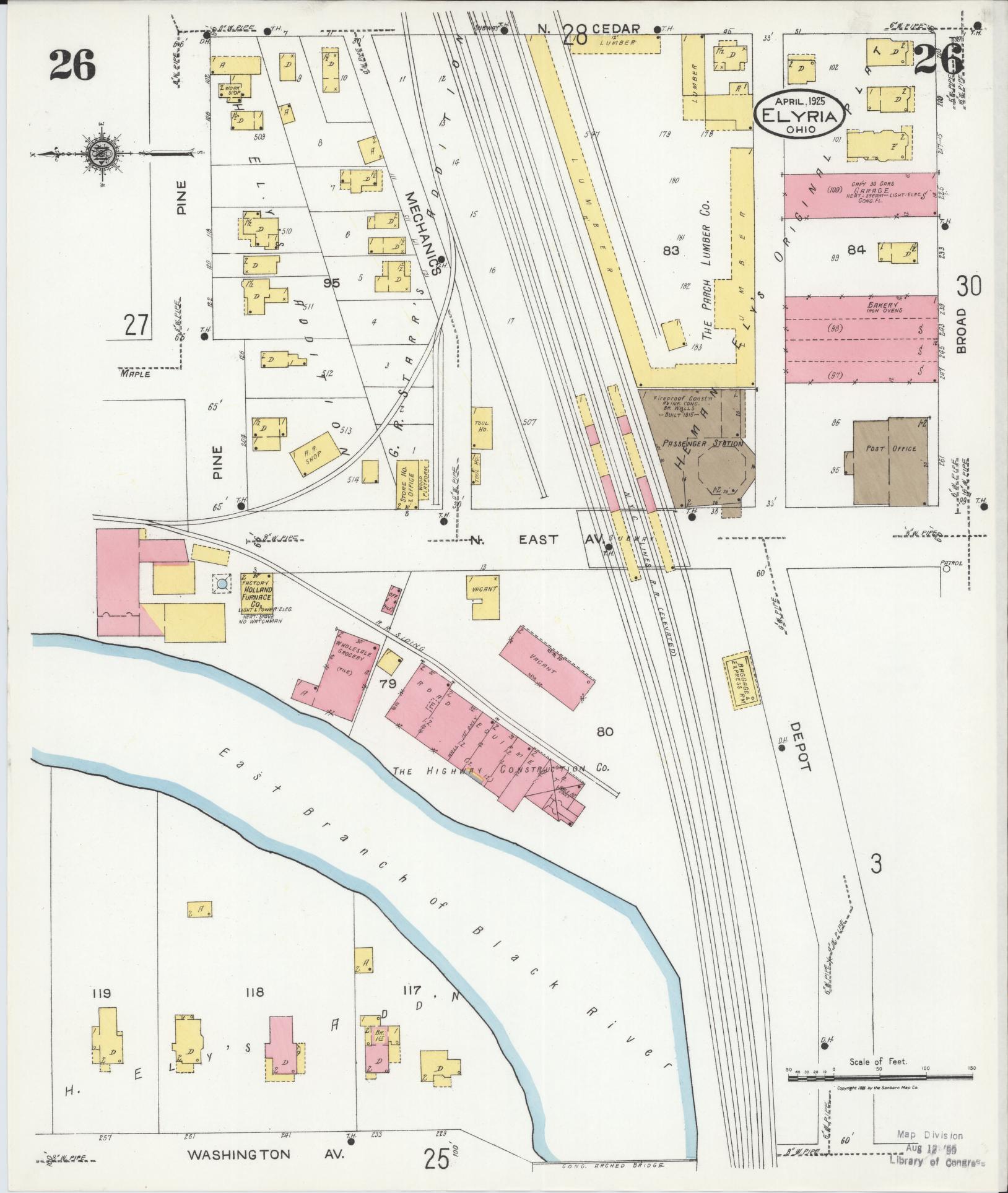 Sanborn Fire Insurance Map from Elyria, Lorain County, Ohio (1925), Sheet #0026 - Historic Sanborn Fire Insurance Map Print, vintage old map wall art, antique decor, genealogy gift, Ohio Ohio map