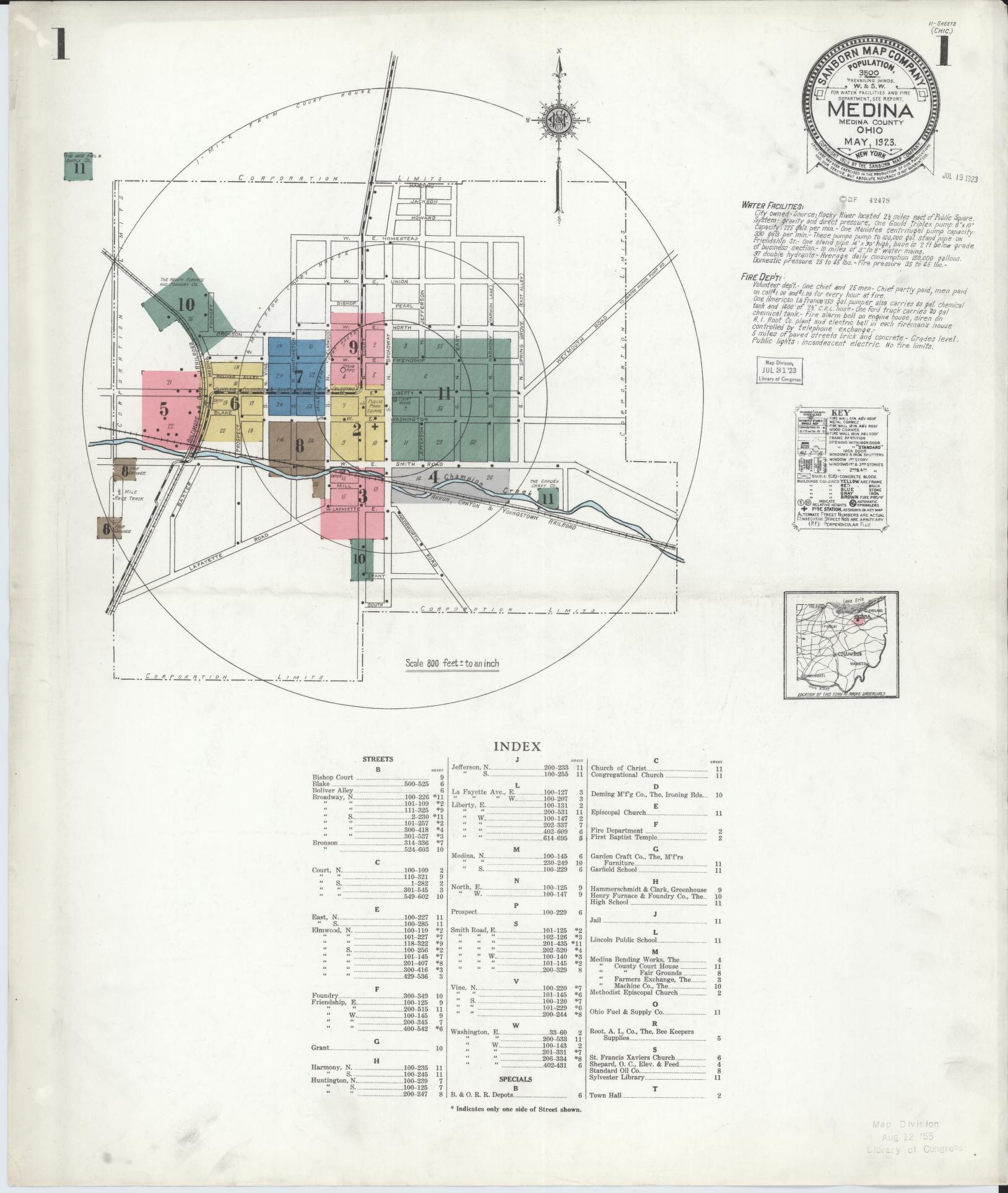 Sanborn Fire Insurance Map from Medina, Medina County, Ohio (1923), Sheet #0001 - Historic Sanborn Fire Insurance Map Print, vintage old map wall art, antique decor, genealogy gift, Ohio Ohio map