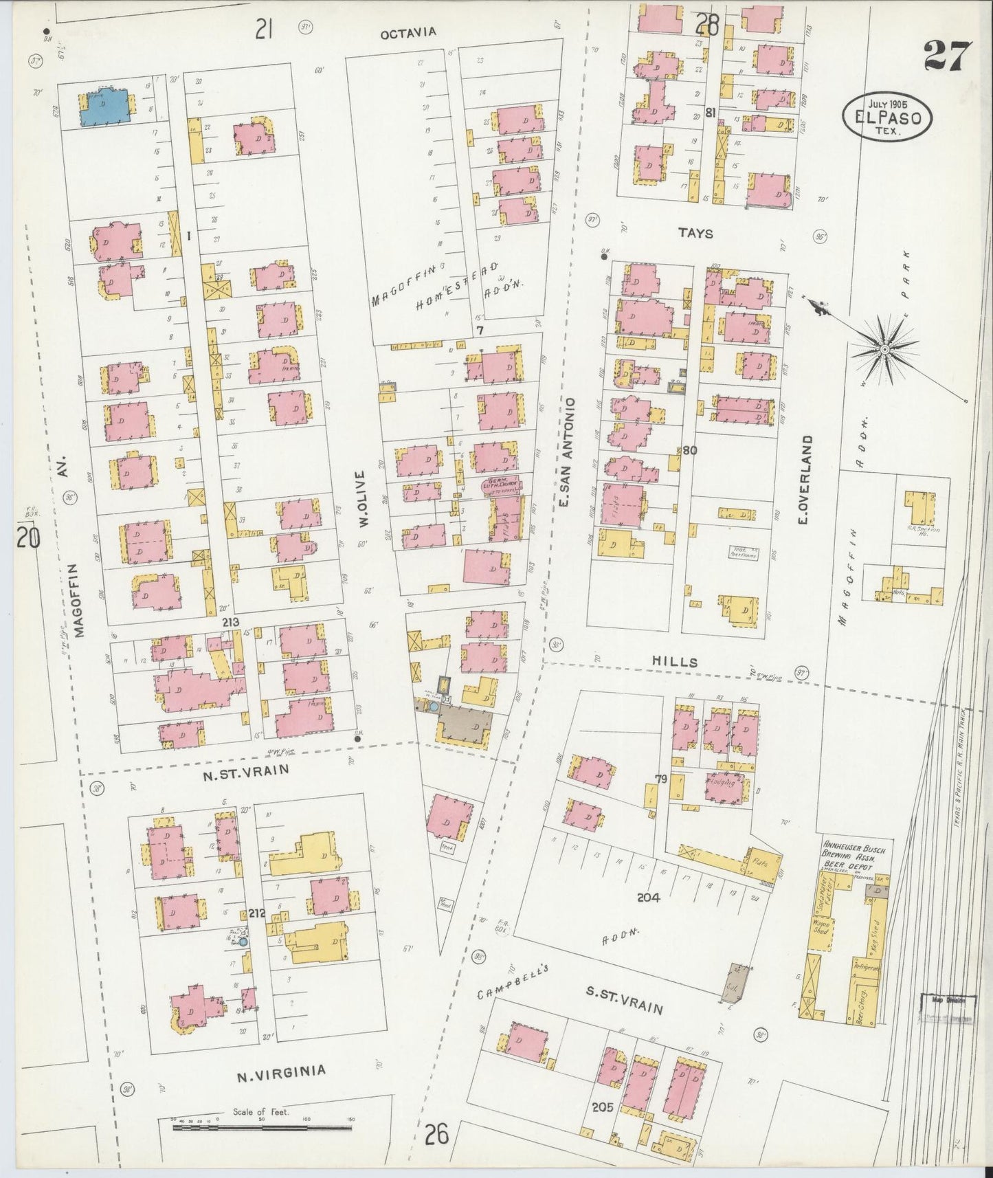 Sanborn Fire Insurance Map from El Paso, El Paso County, Texas (1905), Sheet #0027 - Complete Map Set gallery image, historic Sanborn map, vintage wall art, Texas Texas