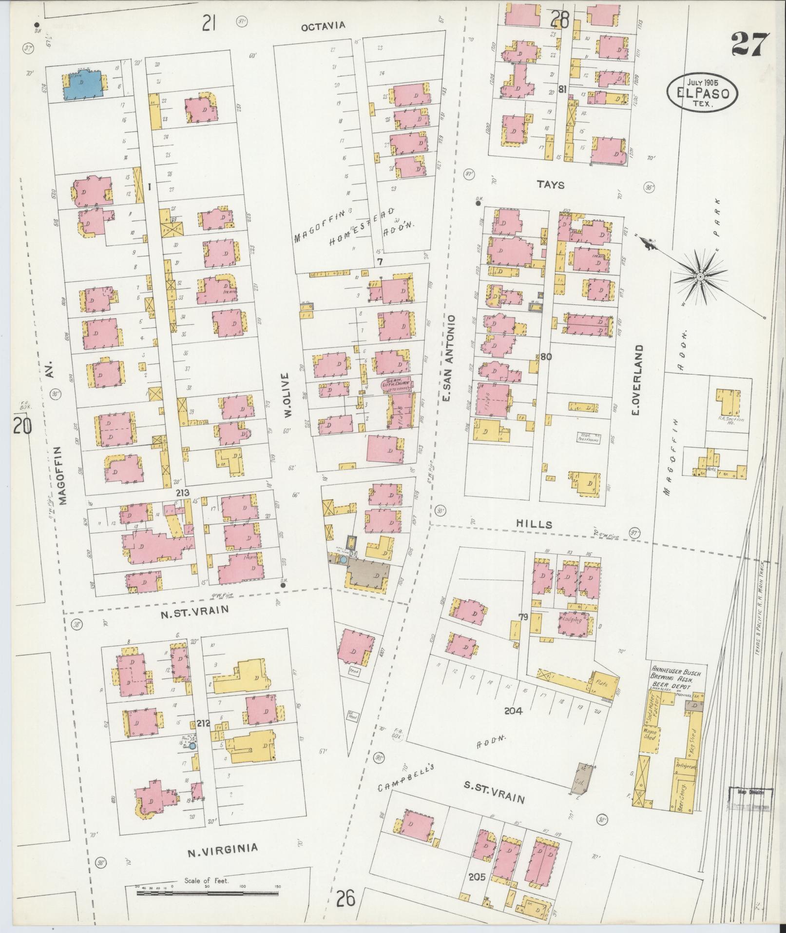 Sanborn Fire Insurance Map from El Paso, El Paso County, Texas (1905), Sheet #0027 - Complete Map Set gallery image, historic Sanborn map, vintage wall art, Texas Texas