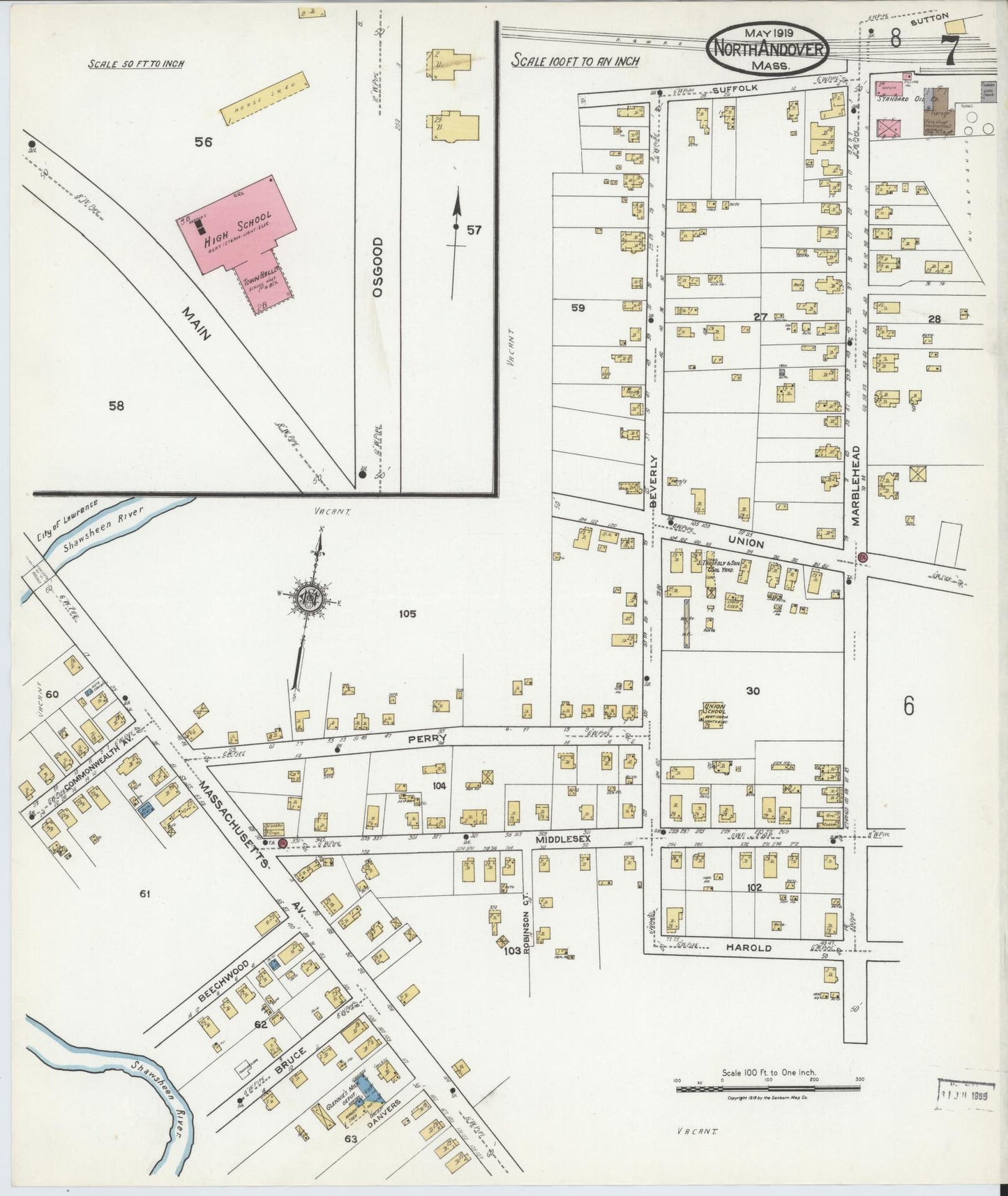 Sanborn Fire Insurance Map from North Andover, Essex County, Massachusetts (1919), Sheet #0007 - Historic Sanborn Fire Insurance Map Print, vintage old map wall art, antique decor, genealogy gift, Massachusetts Massachusetts map
