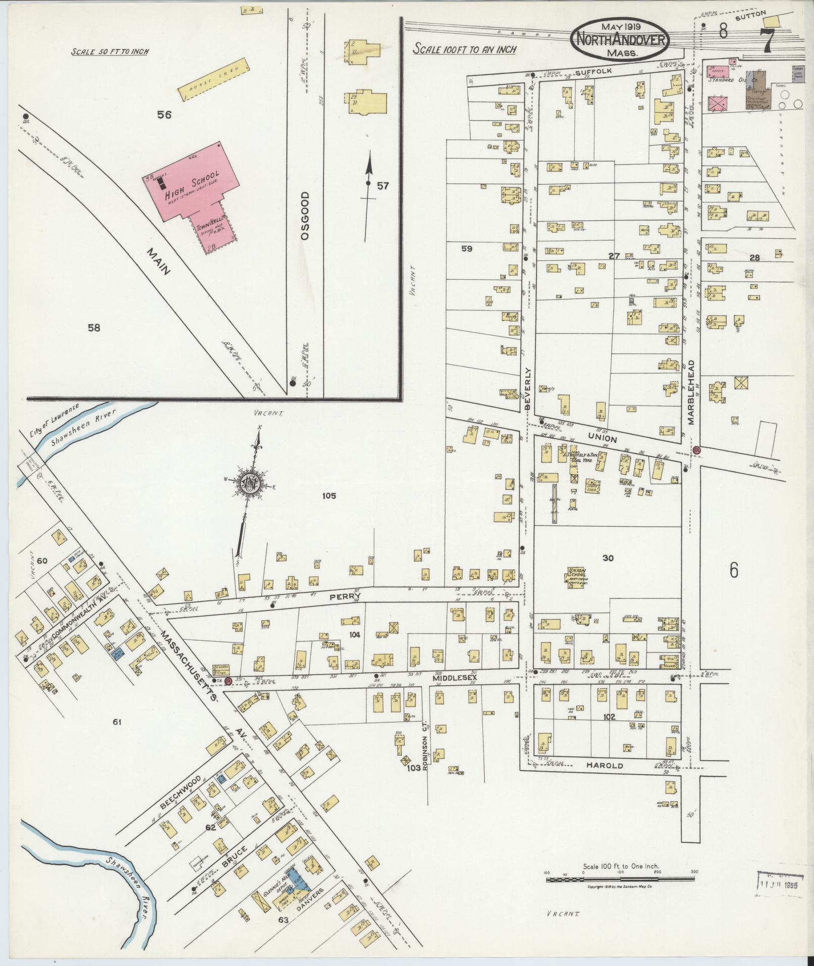 Sanborn Fire Insurance Map from North Andover, Essex County, Massachusetts (1919), Sheet #0007 - Historic Sanborn Fire Insurance Map Print, vintage old map wall art, antique decor, genealogy gift, Massachusetts Massachusetts map