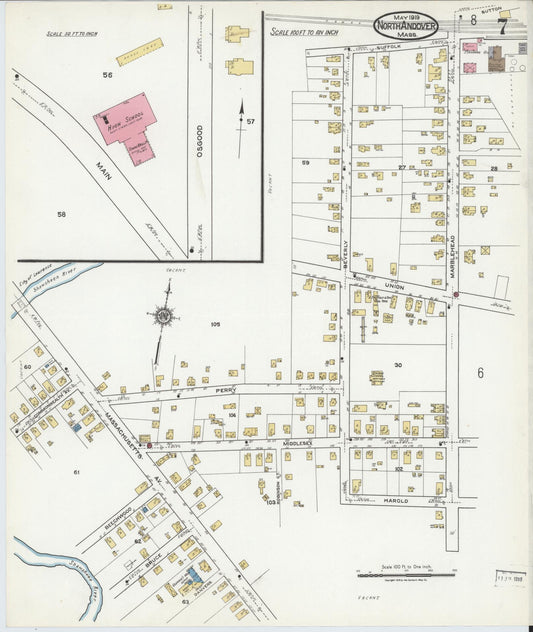 Sanborn Fire Insurance Map from North Andover, Essex County, Massachusetts (1919), Sheet #0007 - Historic Sanborn Fire Insurance Map Print, vintage old map wall art, antique decor, genealogy gift, Massachusetts Massachusetts map