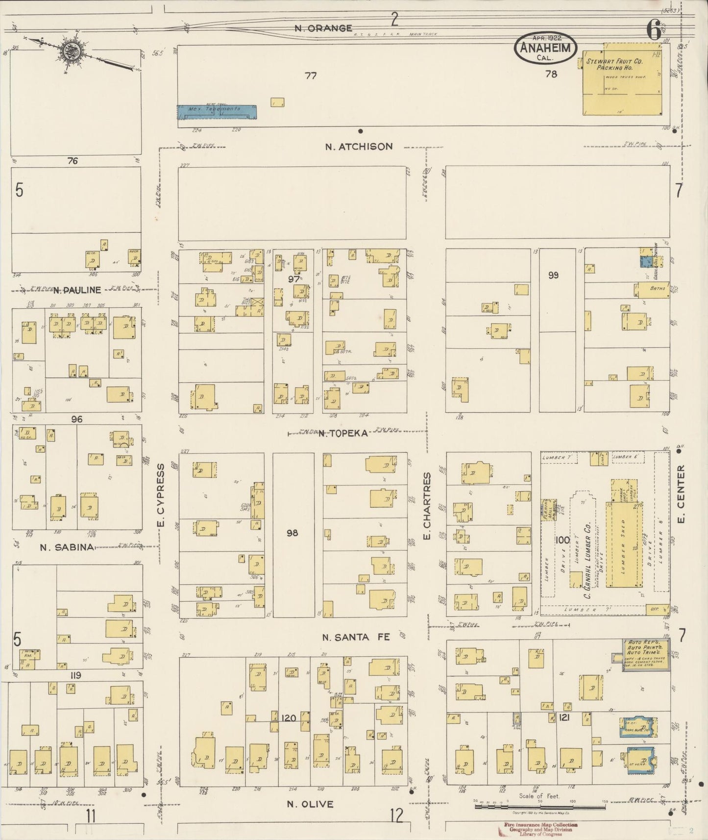 Sanborn Fire Insurance Map from Anaheim, Orange County, California (1922), Sheet #0006 - Historic Sanborn Fire Insurance Map Print, vintage old map wall art, antique decor, genealogy gift, California California map