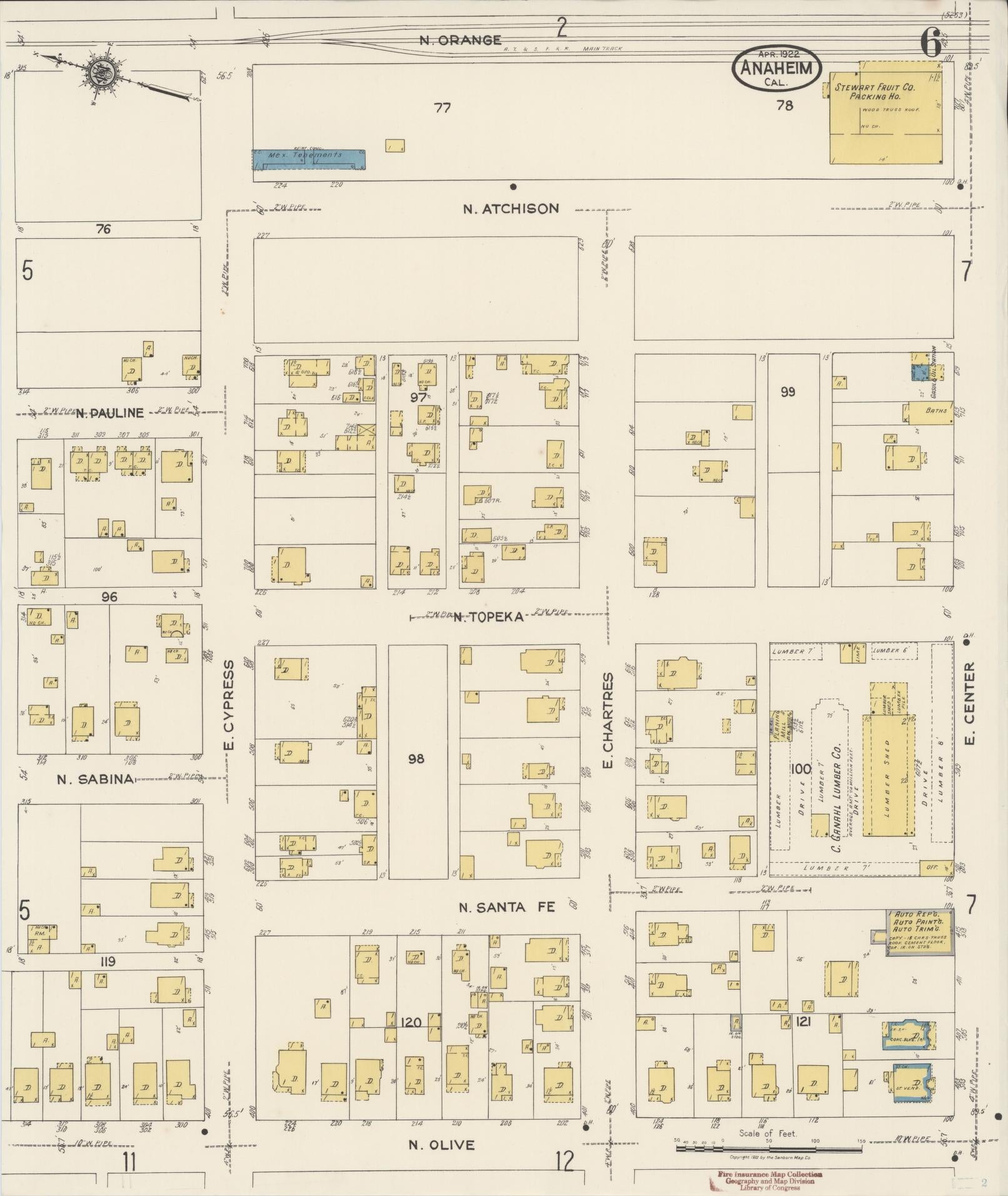 Sanborn Fire Insurance Map from Anaheim, Orange County, California (1922), Sheet #0006 - Historic Sanborn Fire Insurance Map Print, vintage old map wall art, antique decor, genealogy gift, California California map