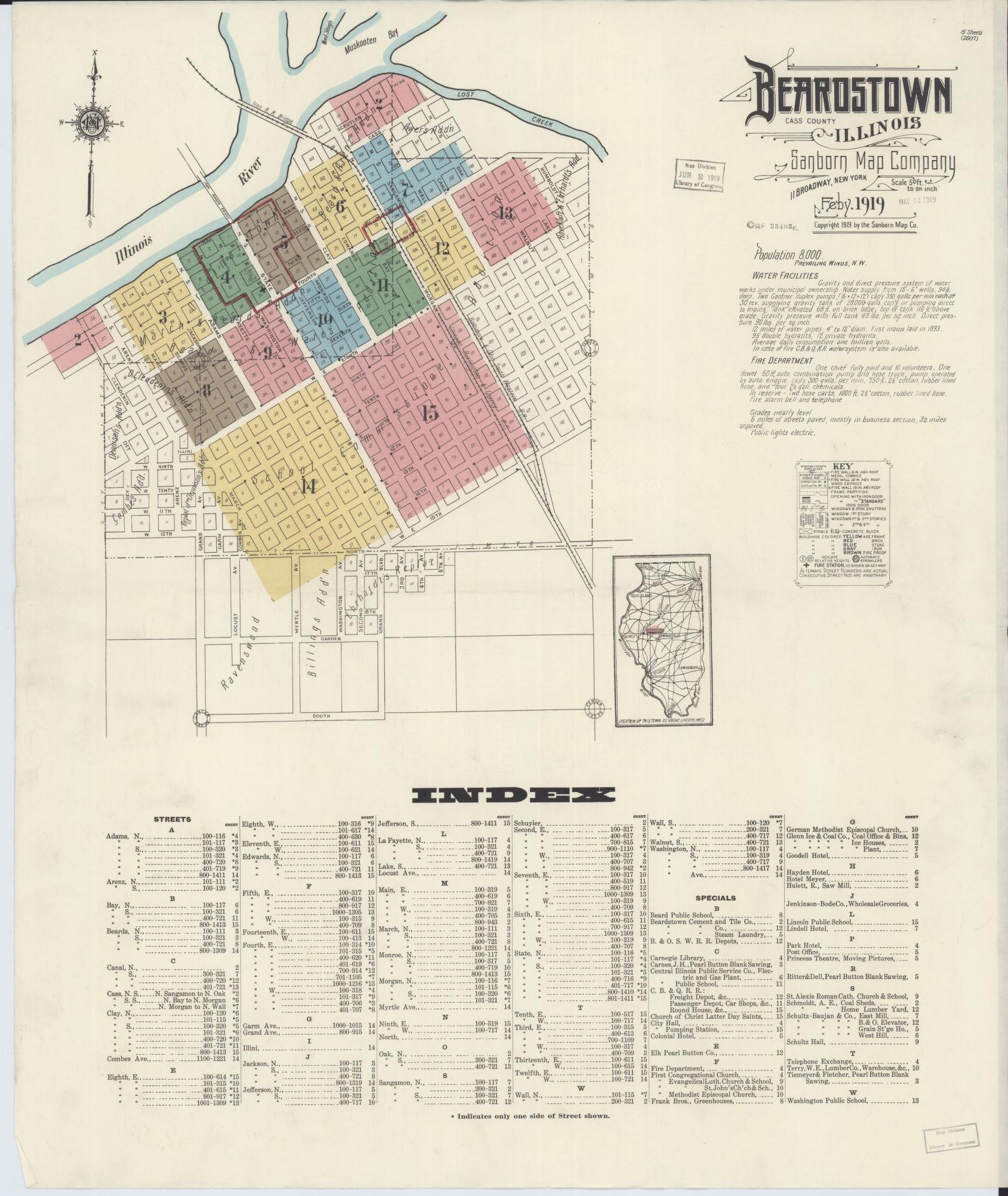 Sanborn Fire Insurance Map from Beardstown, Cass County, Illinois (1919), Sheet #0001 - Historic Sanborn Fire Insurance Map Print, vintage old map wall art, antique decor, genealogy gift, Illinois Illinois map
