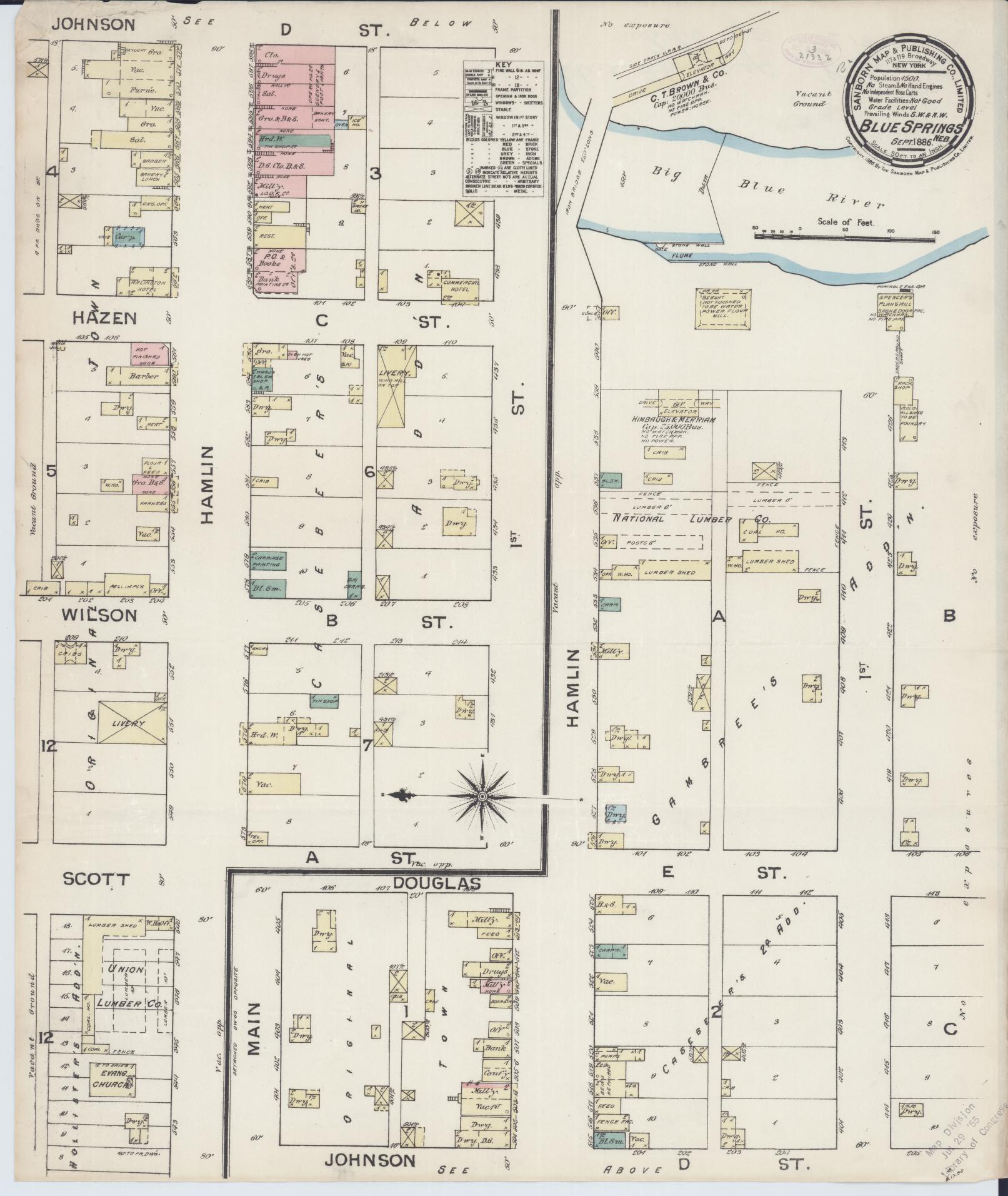 Sanborn Fire Insurance Map from Blue Springs, Gage County, Nebraska (1886), Sheet #0001 - Historic Sanborn Fire Insurance Map Print, vintage old map wall art, antique decor, genealogy gift, Nebraska Nebraska map