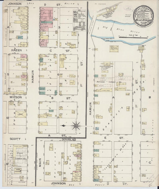 Sanborn Fire Insurance Map from Blue Springs, Gage County, Nebraska (1886), Sheet #0001 - Historic Sanborn Fire Insurance Map Print, vintage old map wall art, antique decor, genealogy gift, Nebraska Nebraska map