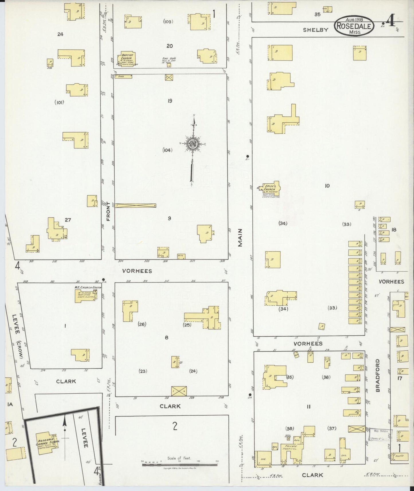 Sanborn Fire Insurance Map from Rosedale, Bolivar County, Mississippi (1918), Sheet #0004 - Historic Sanborn Fire Insurance Map Print, vintage old map wall art, antique decor, genealogy gift, Mississippi Mississippi map