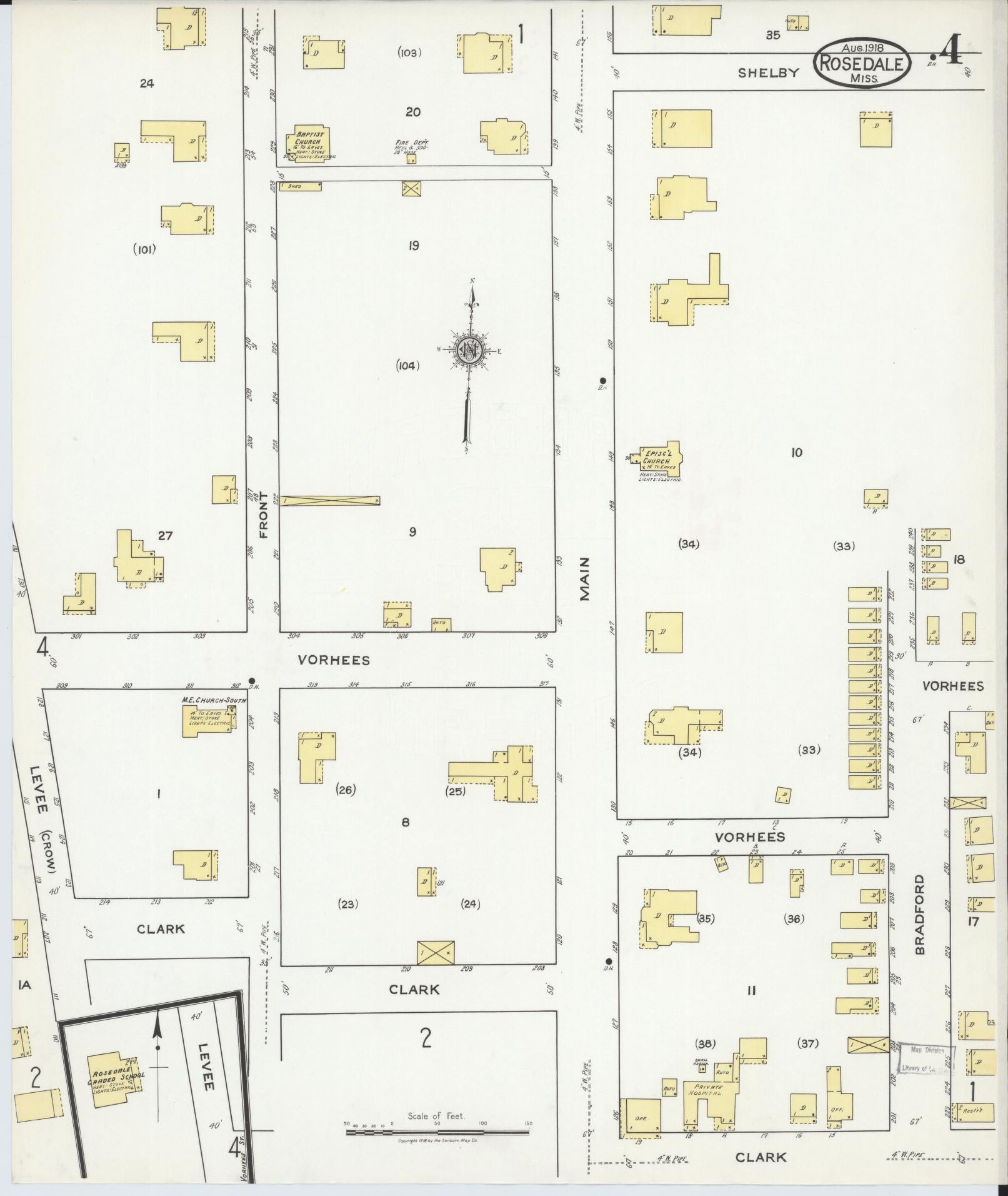 Sanborn Fire Insurance Map from Rosedale, Bolivar County, Mississippi (1918), Sheet #0004 - Historic Sanborn Fire Insurance Map Print, vintage old map wall art, antique decor, genealogy gift, Mississippi Mississippi map
