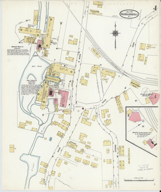 Sanborn Fire Insurance Map from Pascoag, Providence County, Rhode Island (1911), Sheet #0004 - Historic Sanborn Fire Insurance Map Print, vintage old map wall art, antique decor, genealogy gift, Rhode Island Rhode Island map