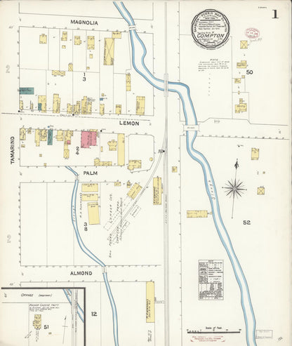 Sanborn Fire Insurance Map from Compton, Los Angeles County, California (1895), Sheet #0001 - Historic Sanborn Fire Insurance Map Print, vintage old map wall art, antique decor, genealogy gift, California California map
