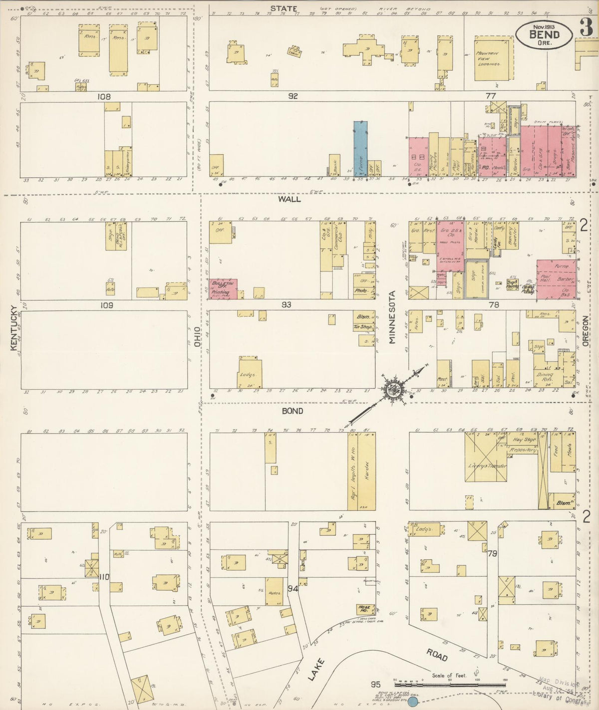 Sanborn Fire Insurance Map from Bend, Deschutes County, Oregon (1913), Sheet #0003 - Historic Sanborn Fire Insurance Map Print, vintage old map wall art, antique decor, genealogy gift, Oregon Oregon map