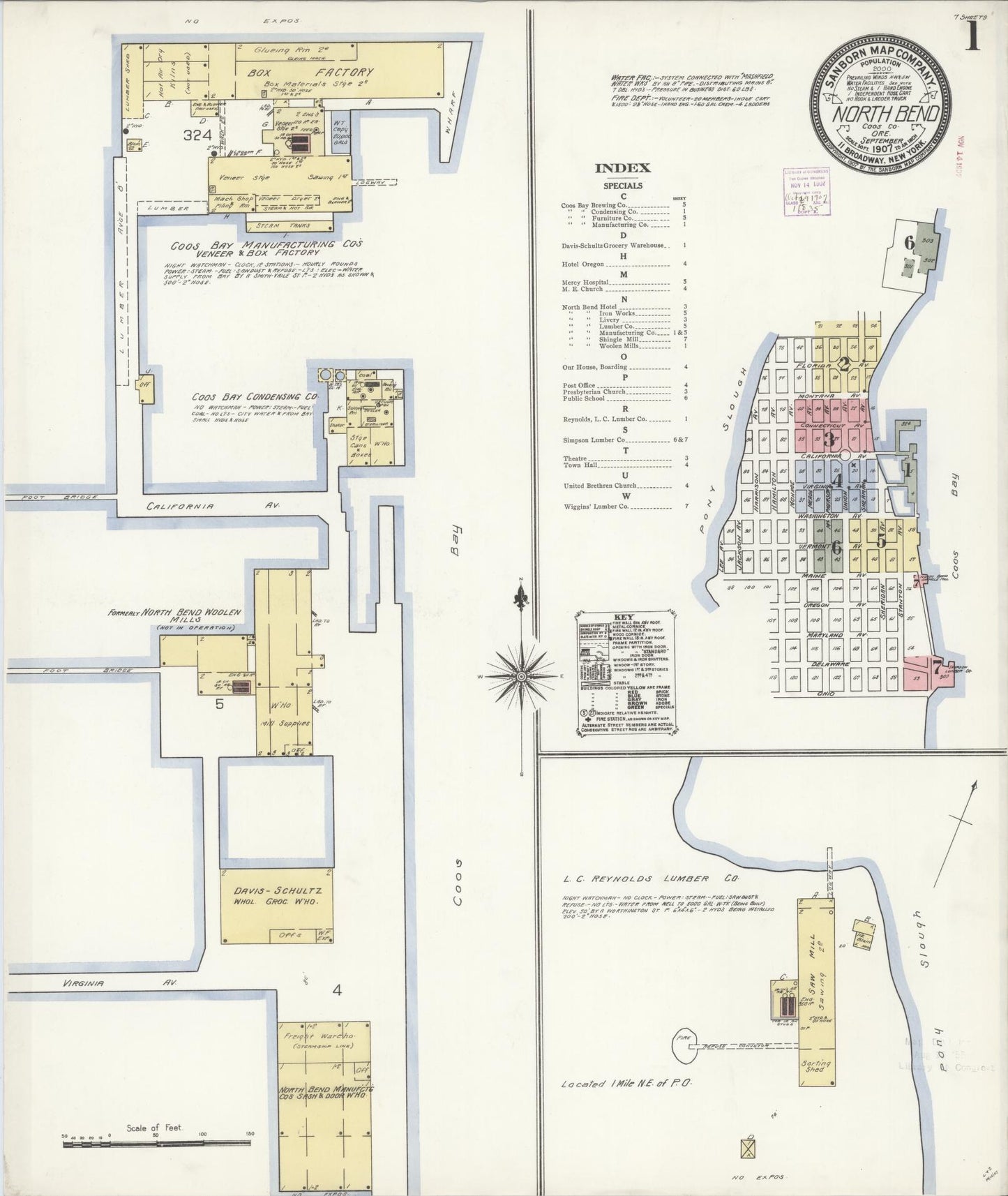 Sanborn Fire Insurance Map from North Bend, Coos County, Oregon (1907), Sheet #0001 - Complete Map Set gallery image, historic Sanborn map, vintage wall art, Oregon Oregon